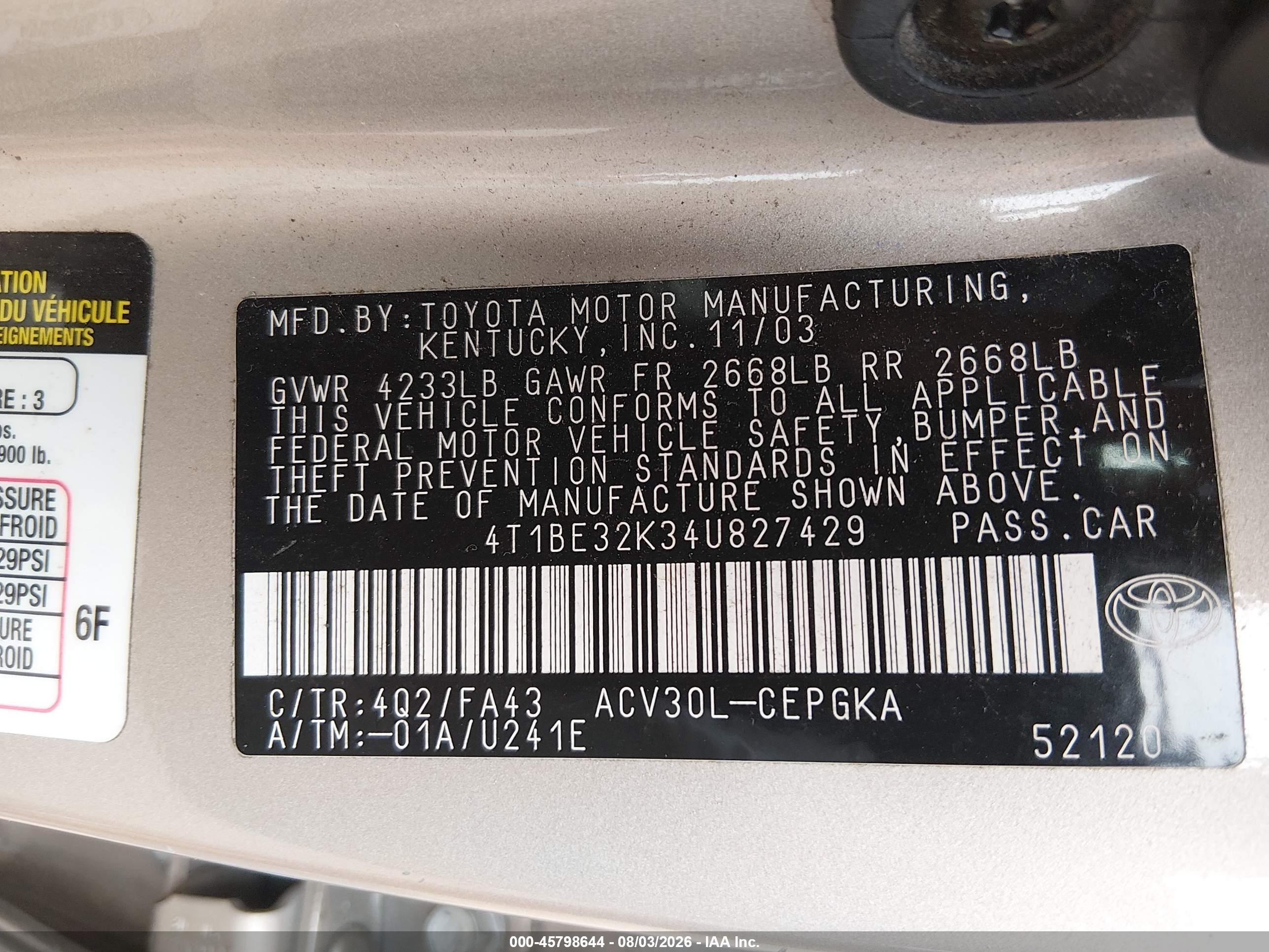 2004 Toyota Camry Xle Gold vin: 4T1BE32K34U827429