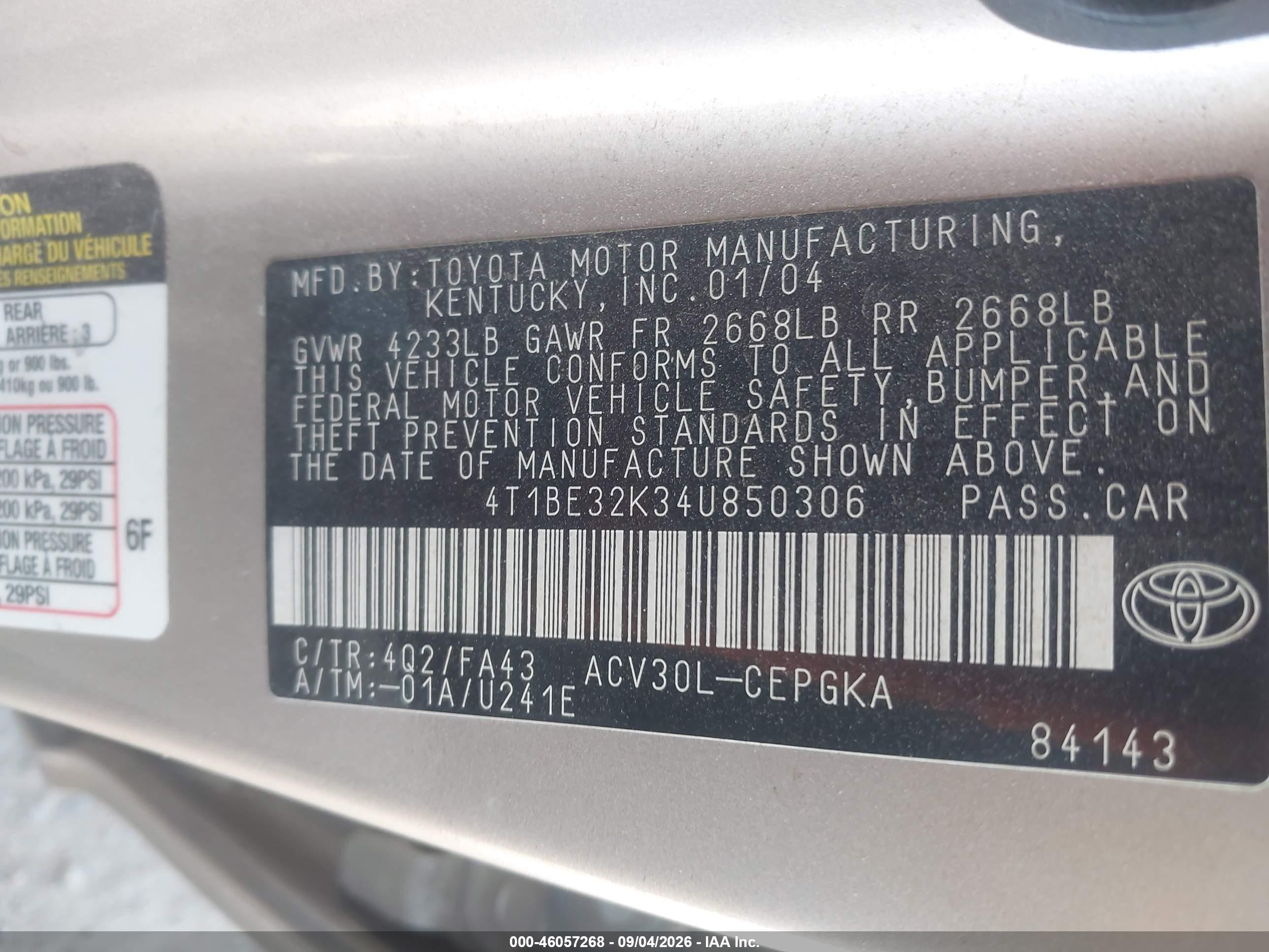 2004 Toyota Camry Xle Tan vin: 4T1BE32K34U850306