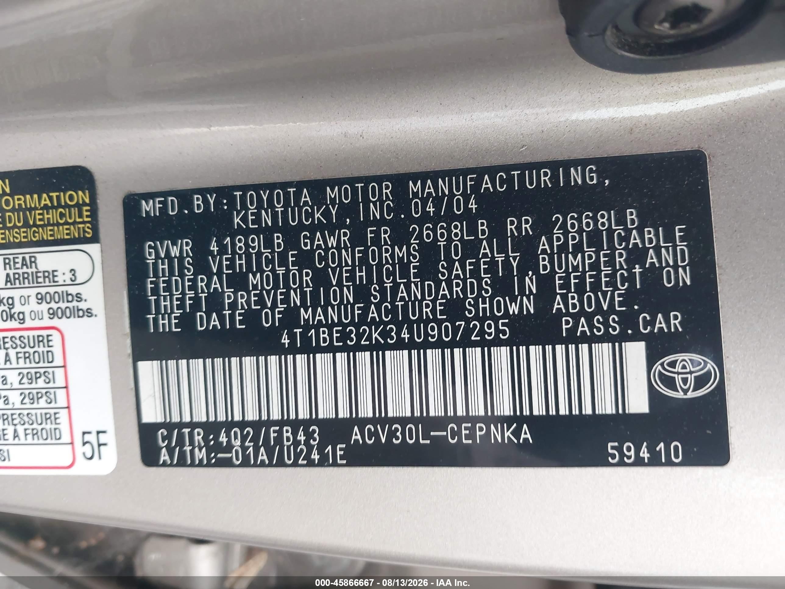 2004 Toyota Camry Le Champagne vin: 4T1BE32K34U907295