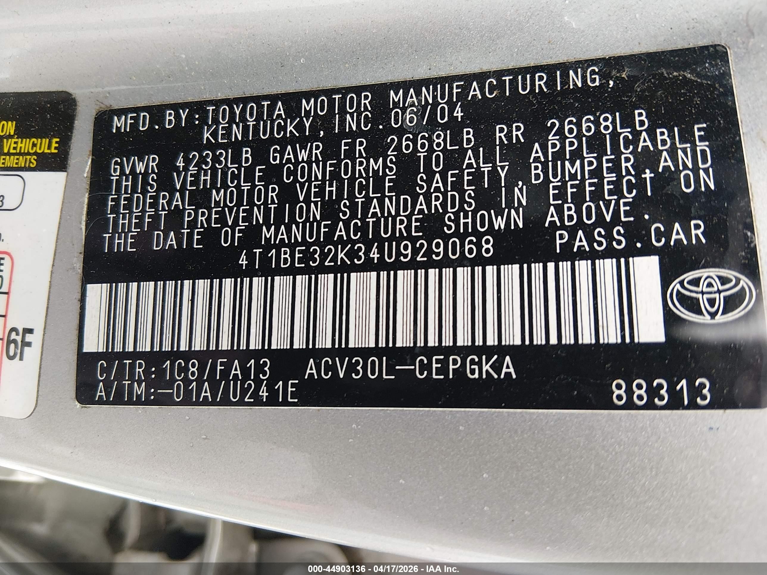 2004 Toyota Camry Xle Silver vin: 4T1BE32K34U929068
