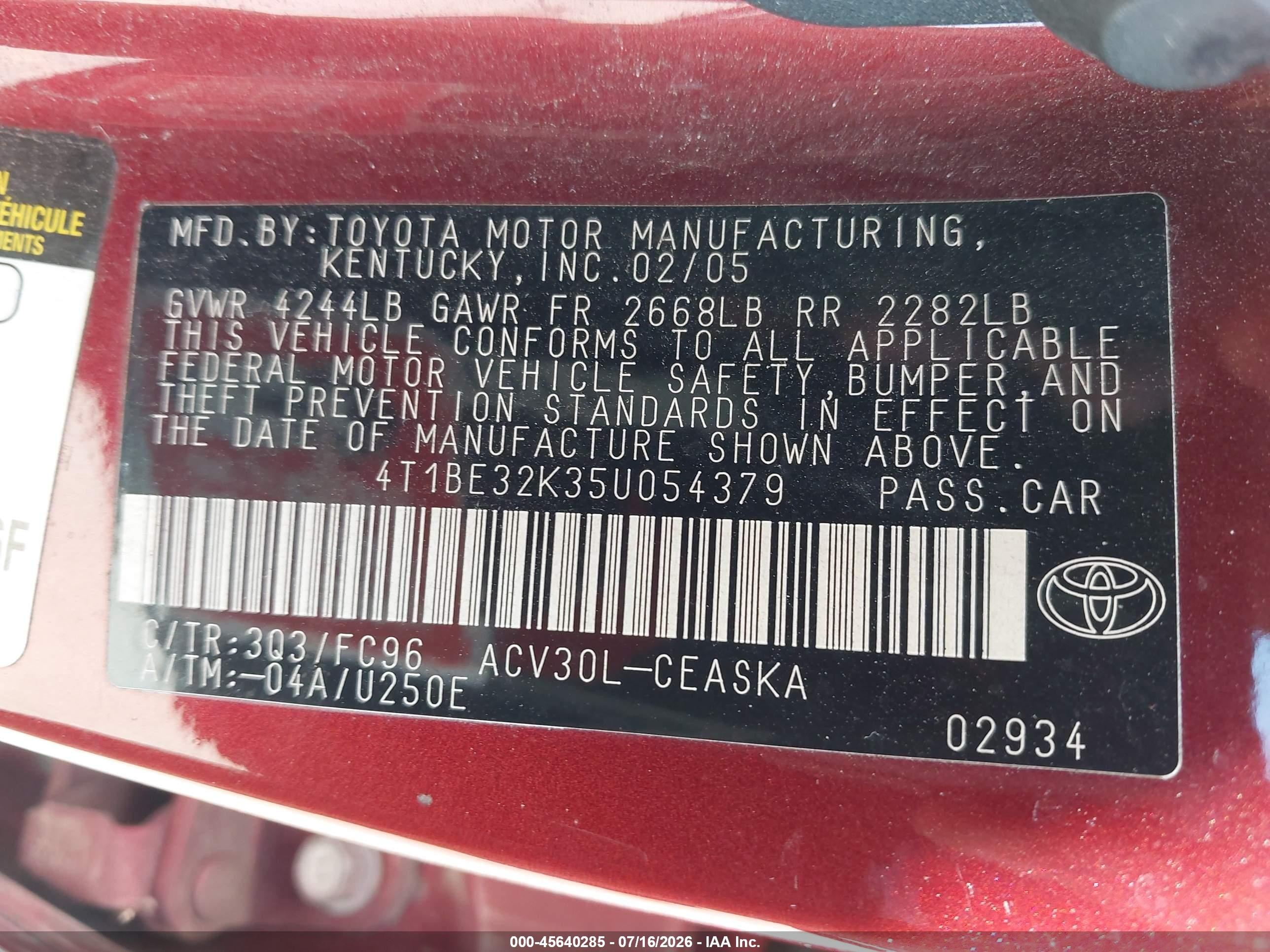 2005 Toyota Camry Se Red vin: 4T1BE32K35U054379