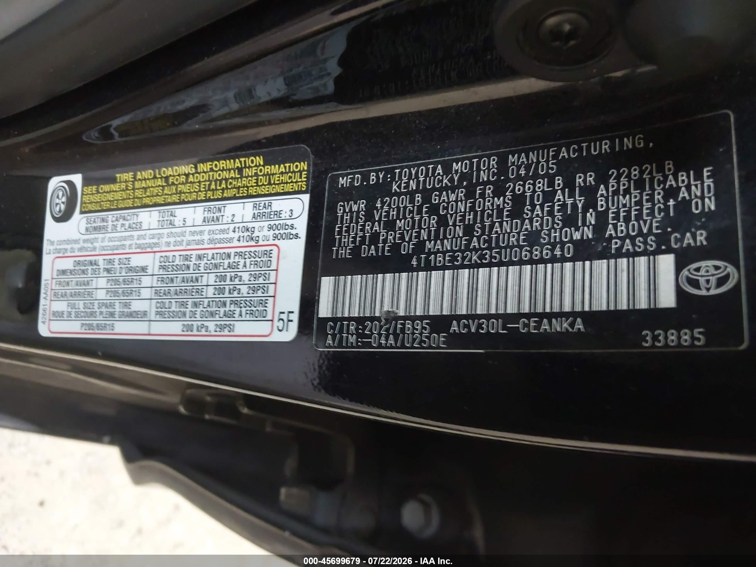 2005 Toyota Camry Le Black vin: 4T1BE32K35U068640