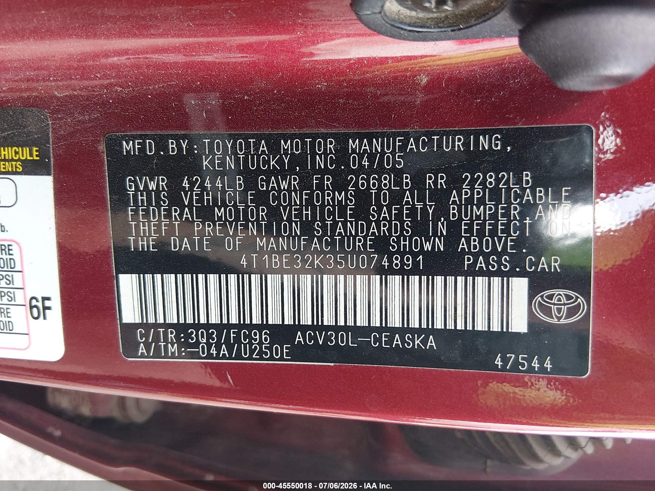 2005 Toyota Camry Se Red vin: 4T1BE32K35U074891