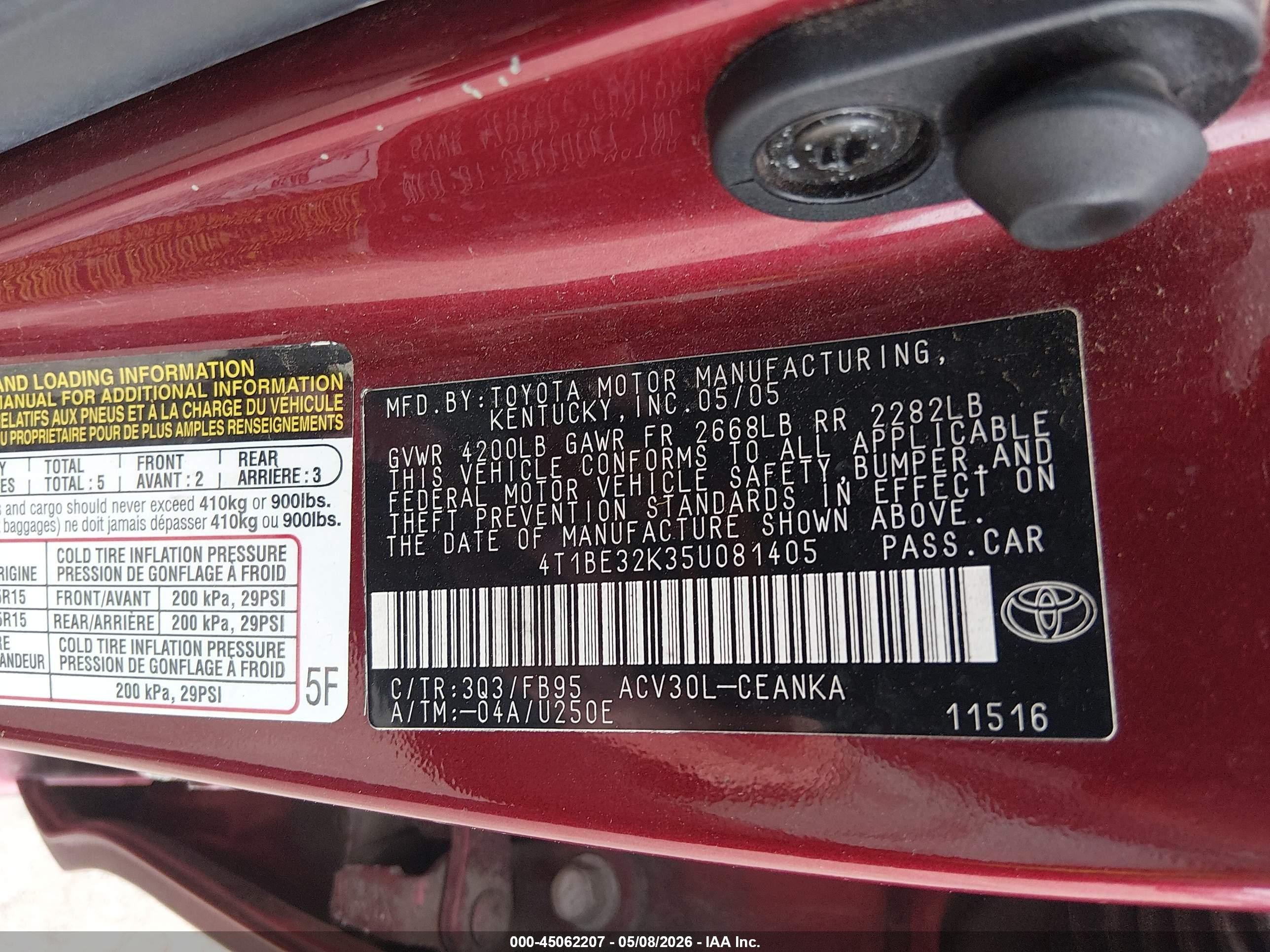 2005 Toyota Camry Le Burgundy vin: 4T1BE32K35U081405