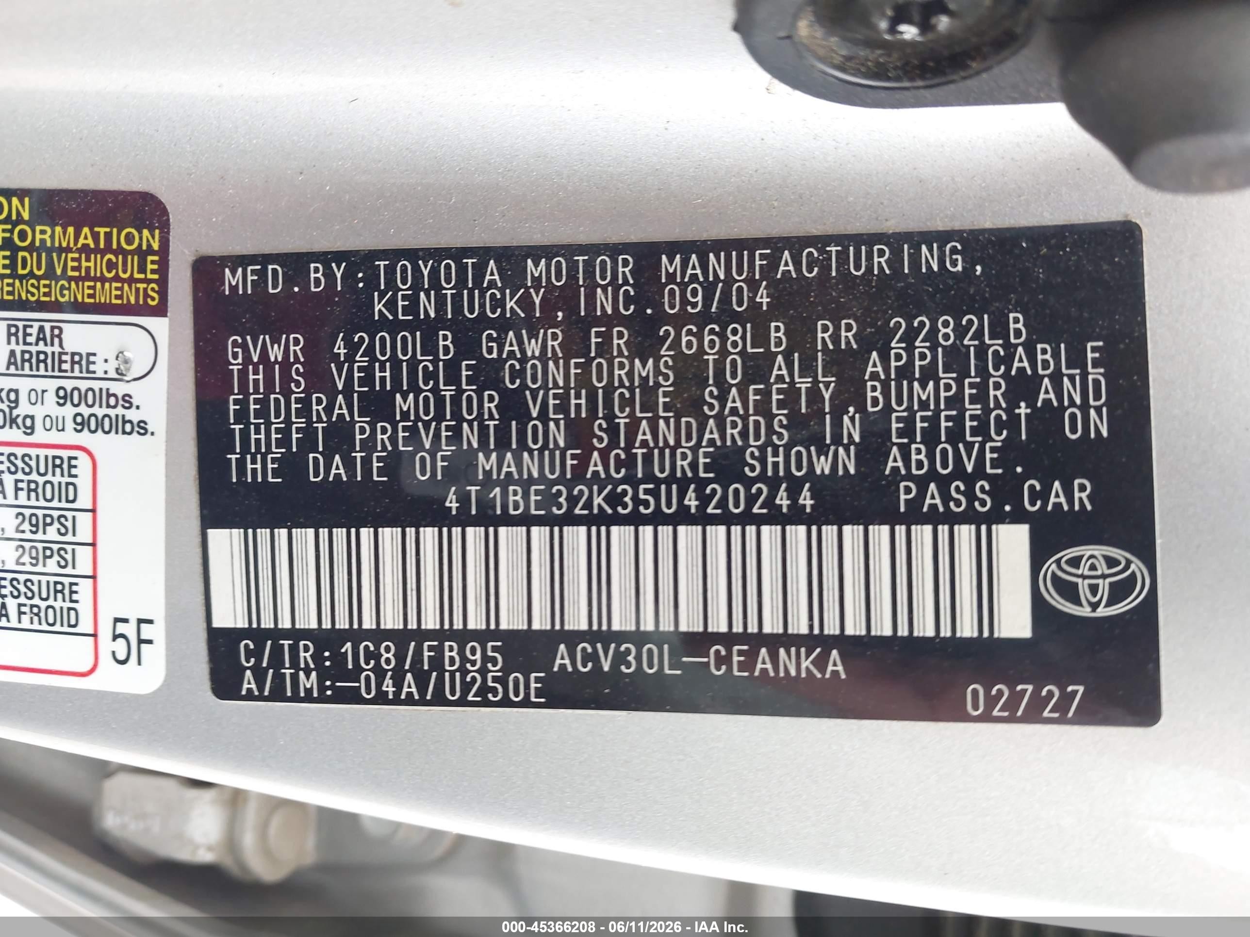 2005 Toyota Camry Le Silver vin: 4T1BE32K35U420244