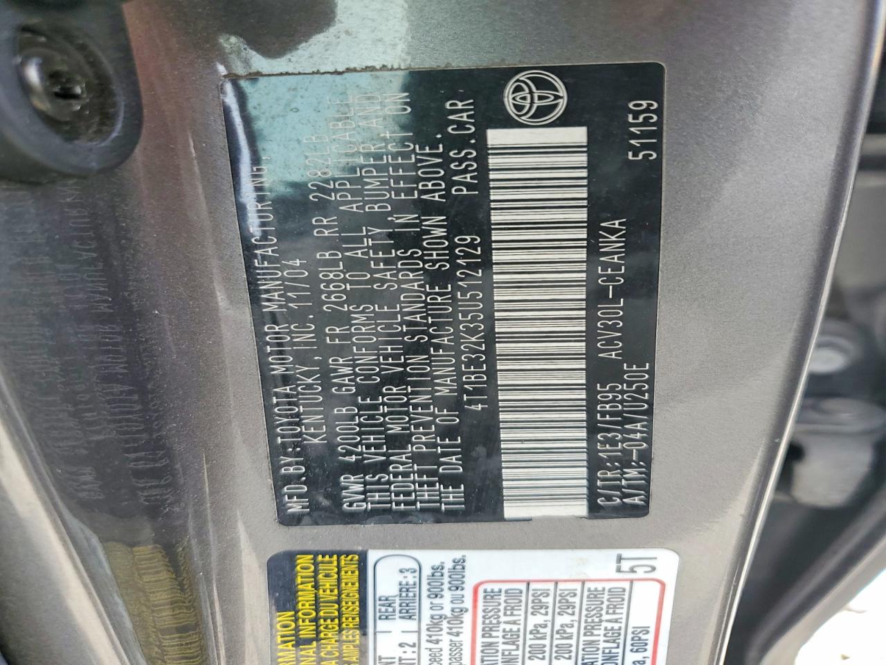2005 Toyota Camry Standard Tan vin: 4T1BE32K35U512129