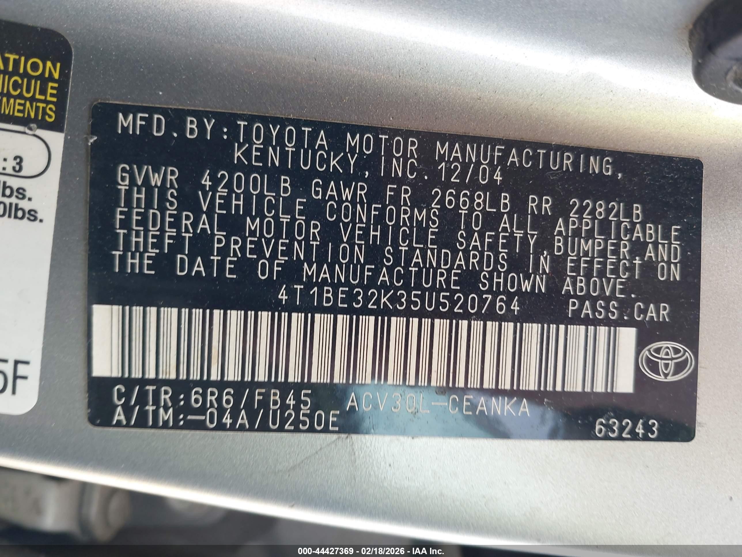2005 Toyota Camry Le Gray vin: 4T1BE32K35U520764