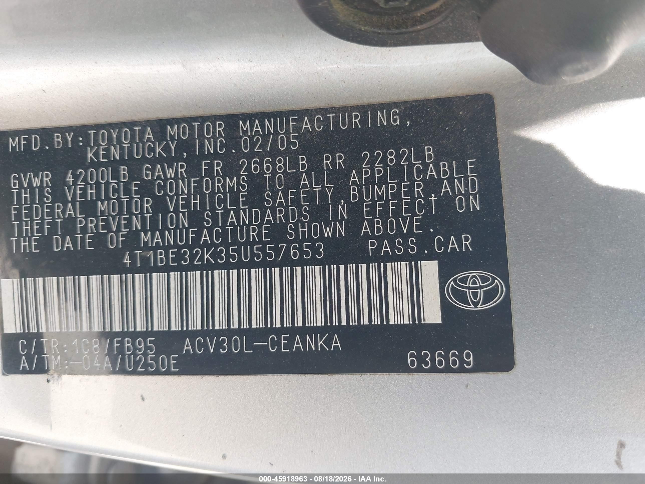 2005 Toyota Camry Le Gray vin: 4T1BE32K35U557653