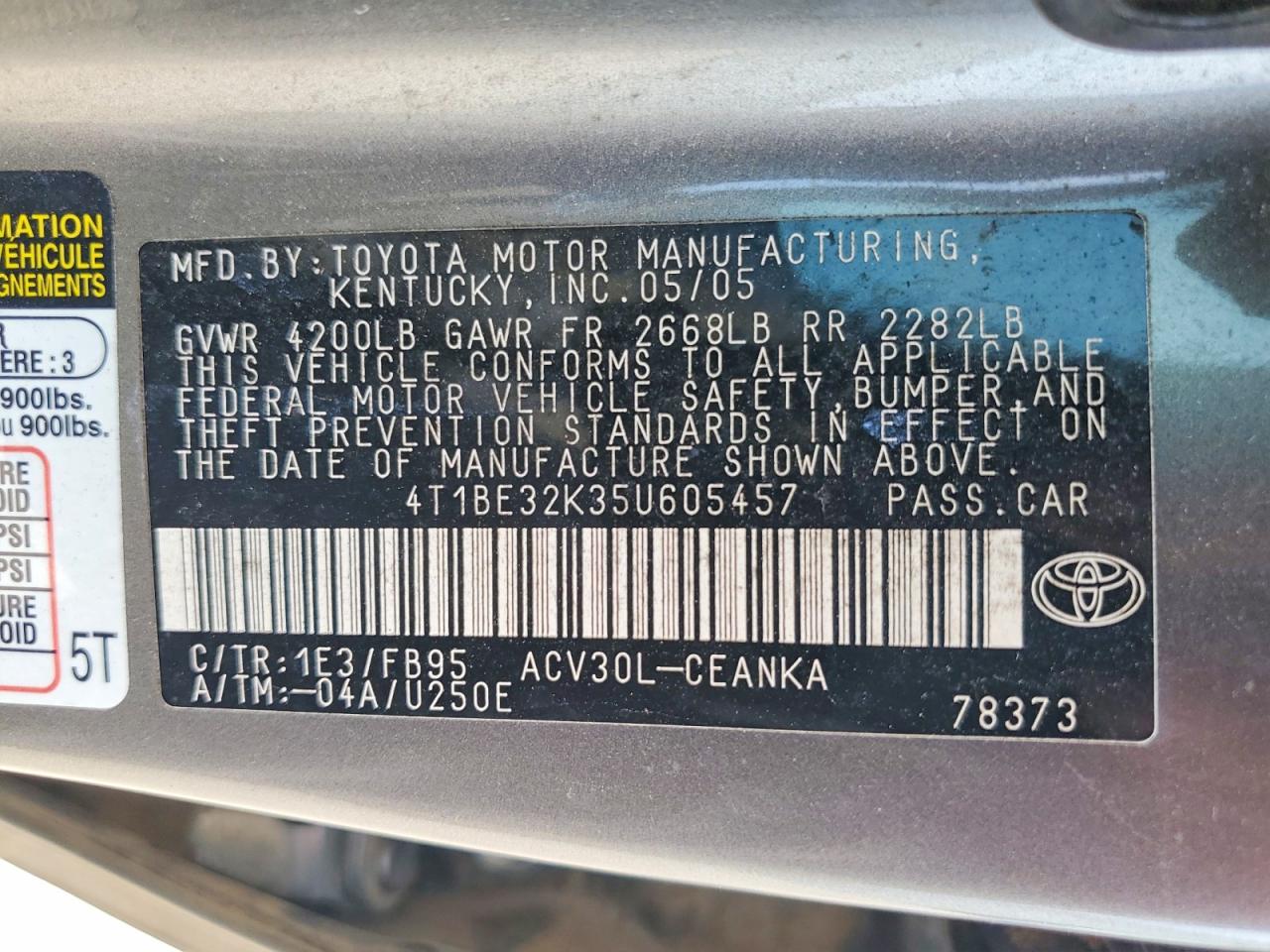 2005 Toyota Camry Standard Gray vin: 4T1BE32K35U605457