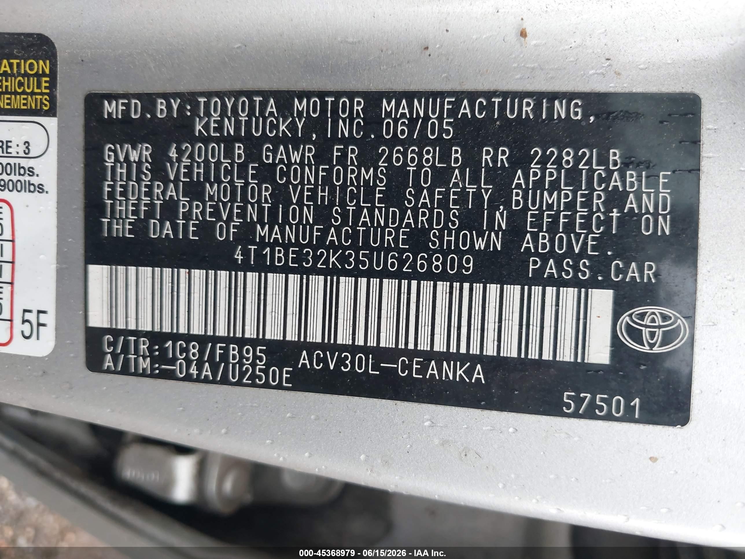 2005 Toyota Camry Le Silver vin: 4T1BE32K35U626809