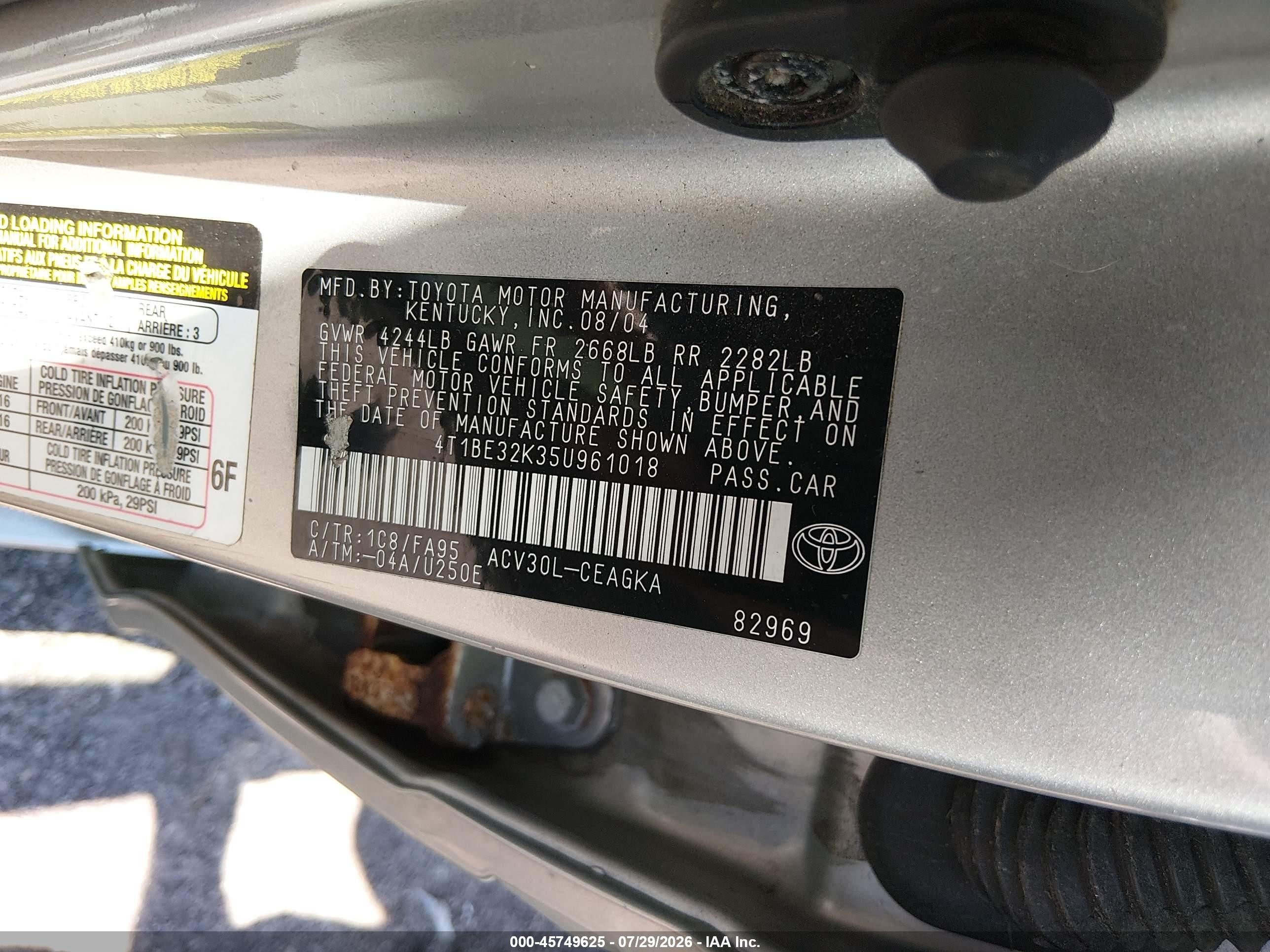 2005 Toyota Camry Xle Silver vin: 4T1BE32K35U961018