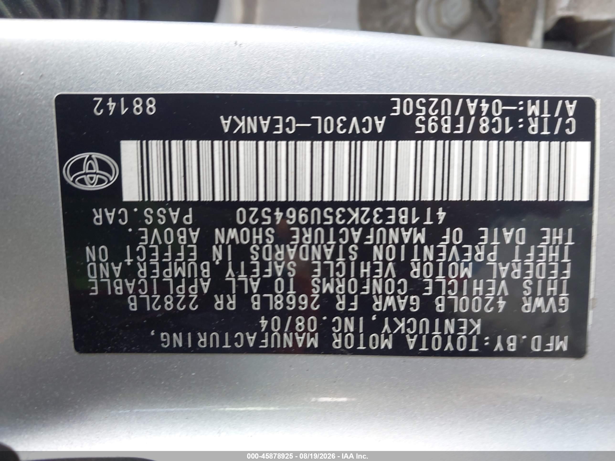 2005 Toyota Camry Le Silver vin: 4T1BE32K35U964520