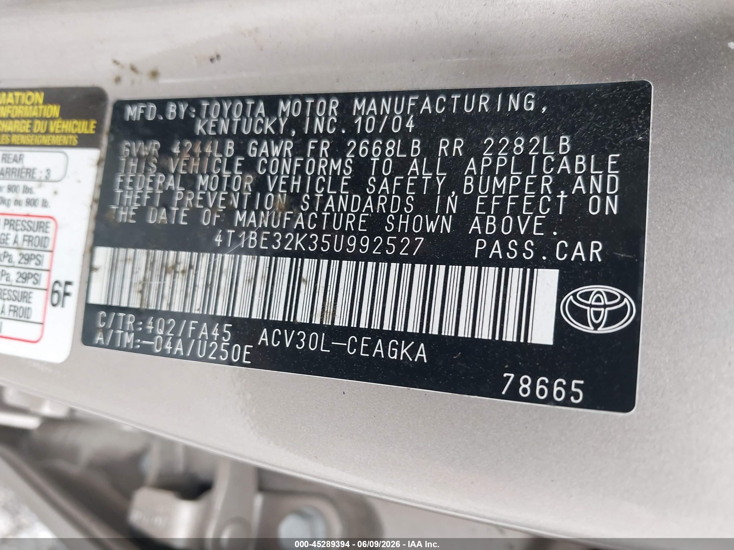 2005 Toyota Camry Xle Beige vin: 4T1BE32K35U992527