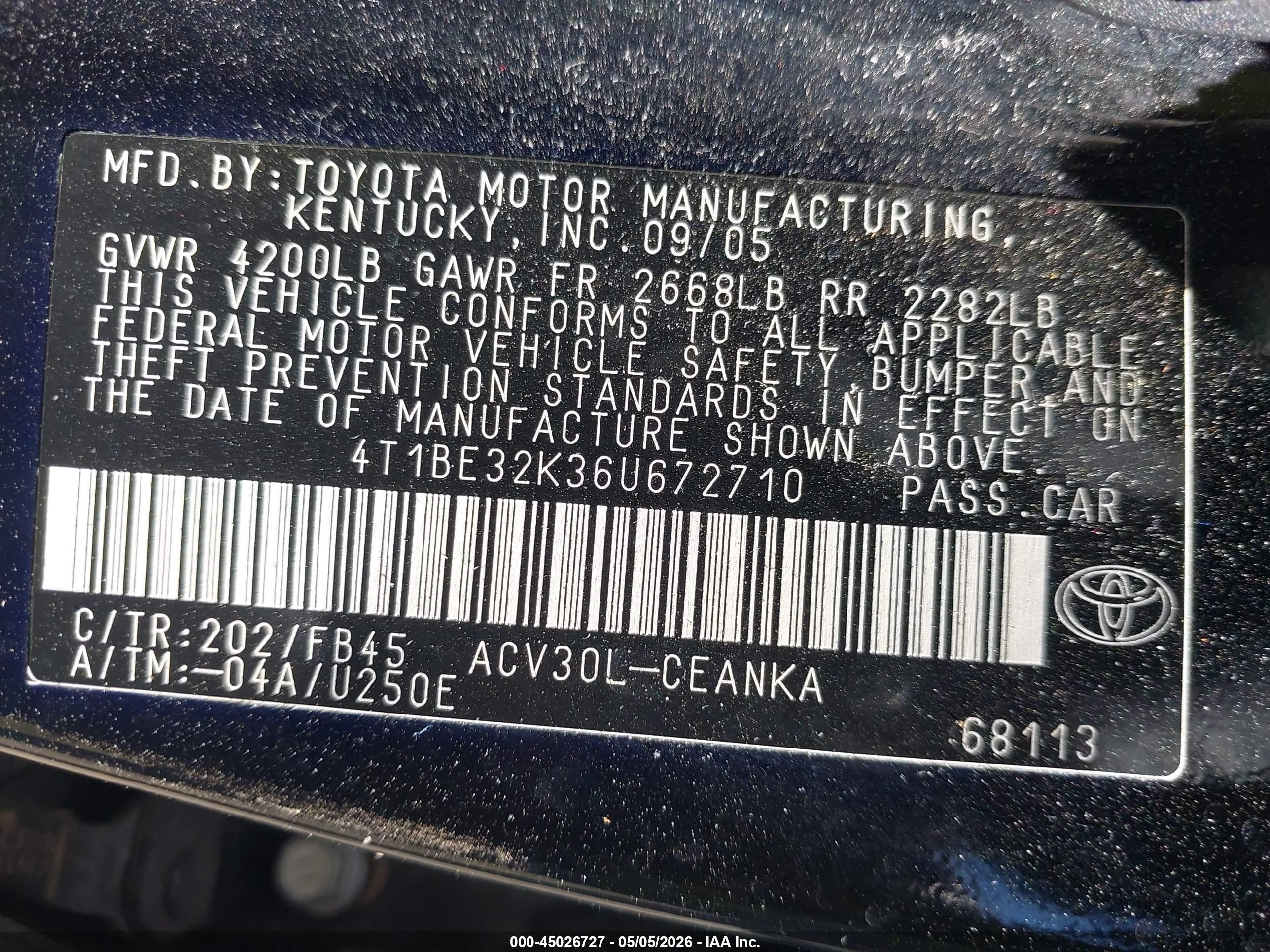 2006 Toyota Camry Le Черный vin: 4T1BE32K36U672710