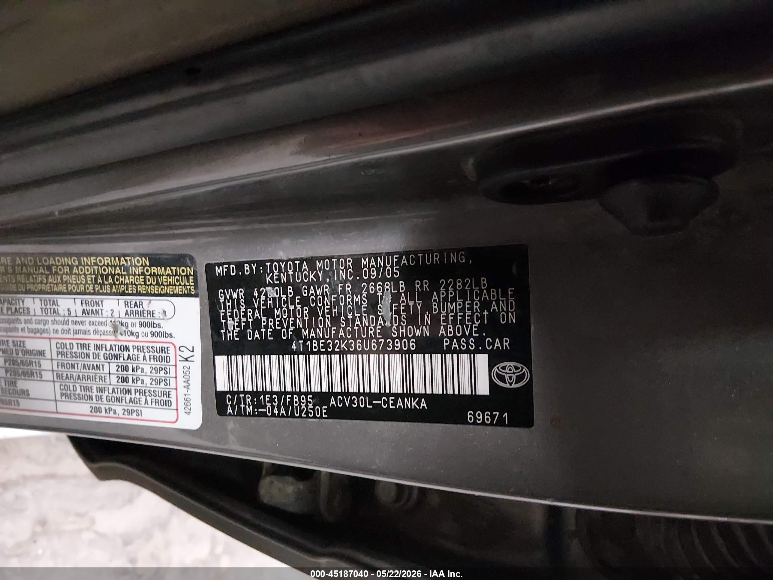 2006 Toyota Camry Le Gray vin: 4T1BE32K36U673906