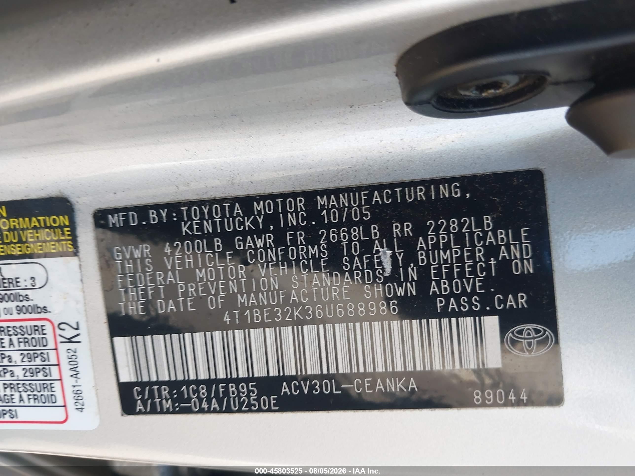 2006 Toyota Camry Le Silver vin: 4T1BE32K36U688986