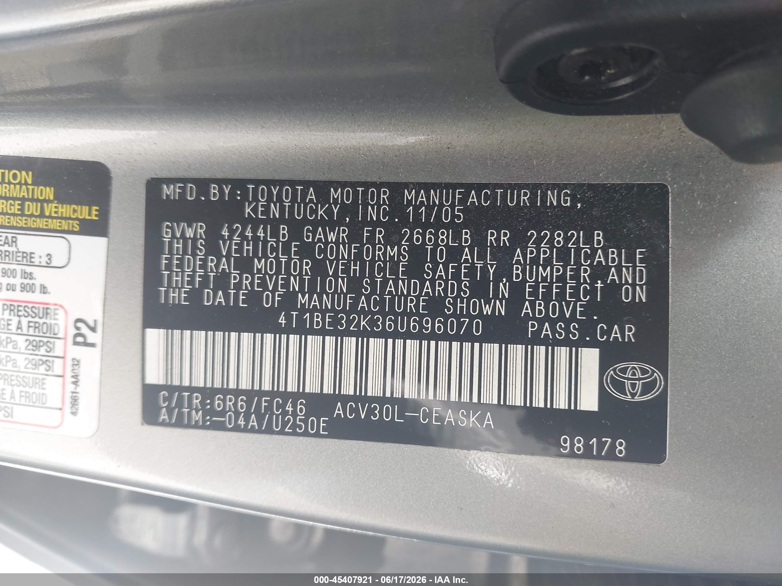 2006 Toyota Camry Se Серебряный vin: 4T1BE32K36U696070
