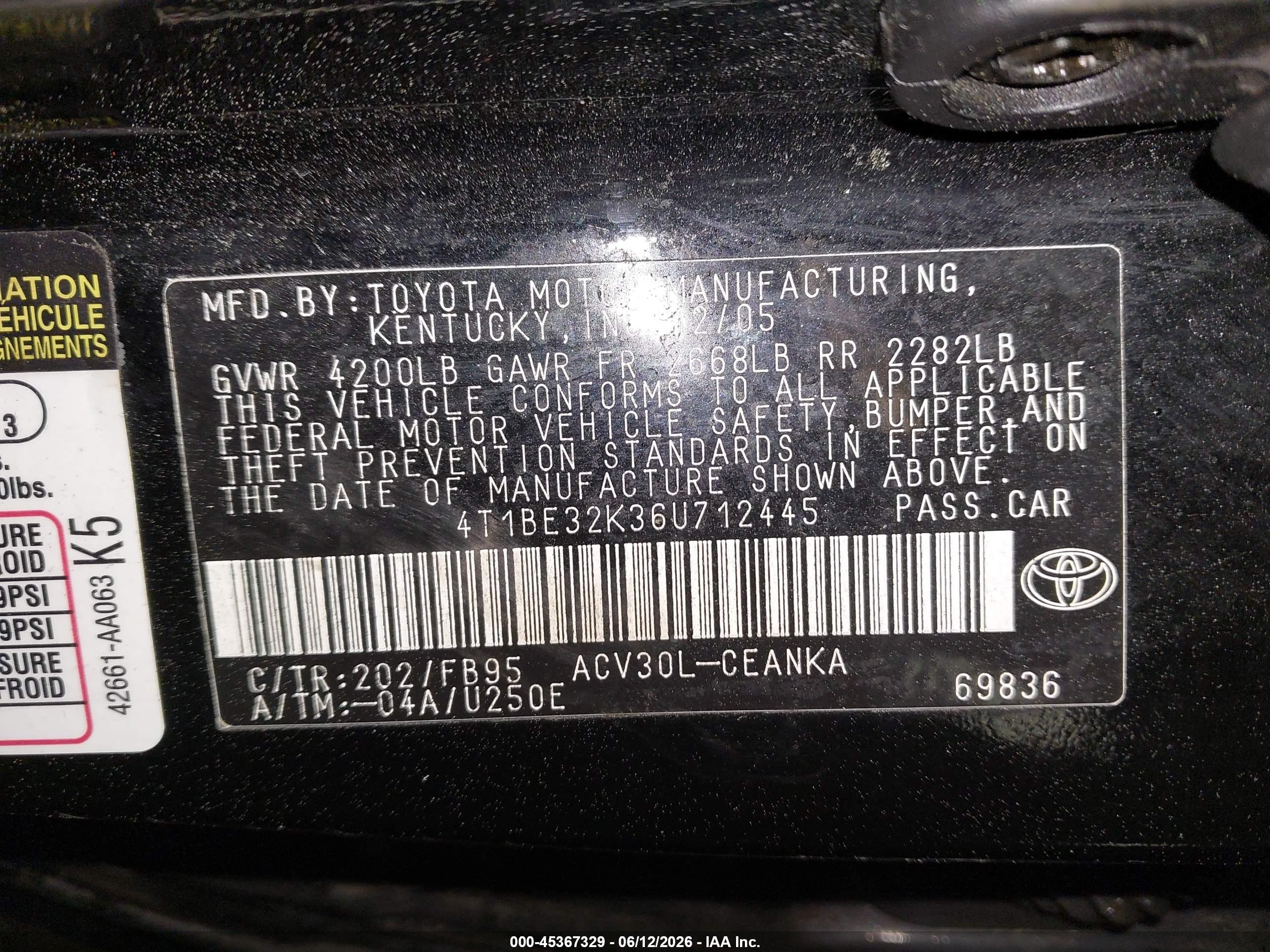 2006 Toyota Camry Std Черный vin: 4T1BE32K36U712445