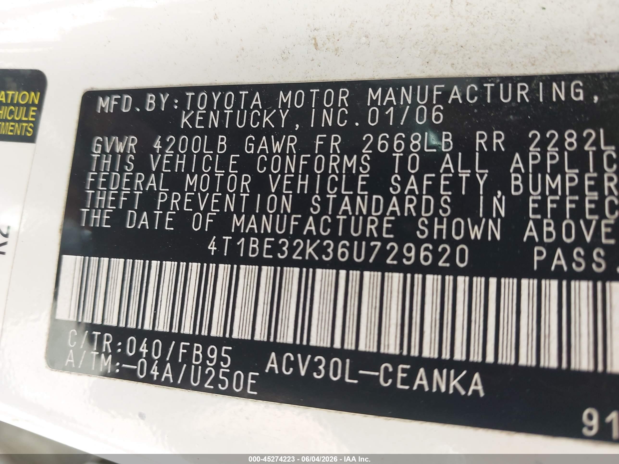 2006 Toyota Camry Le Белый vin: 4T1BE32K36U729620