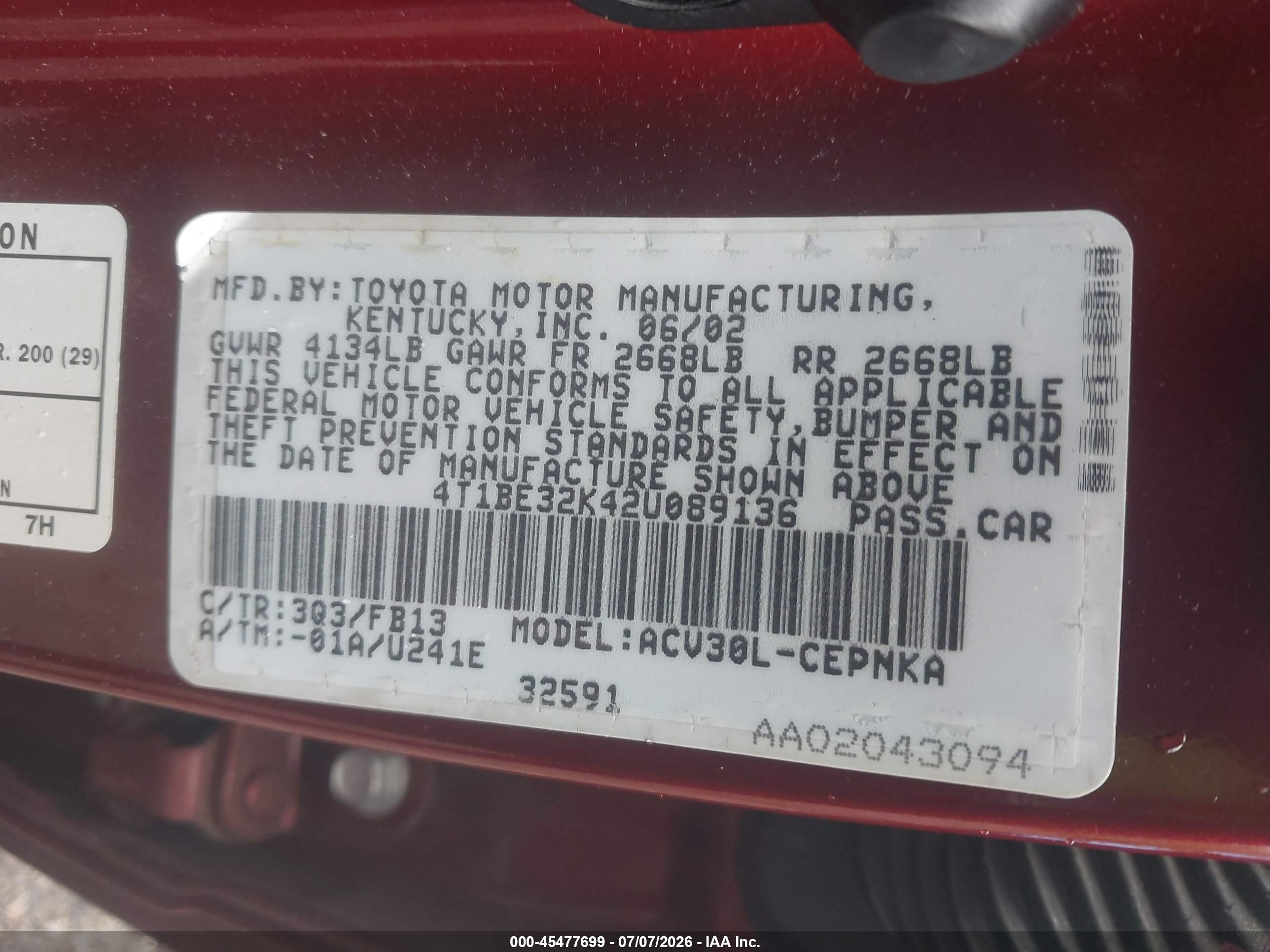 2002 Toyota Camry Le Red vin: 4T1BE32K42U089136