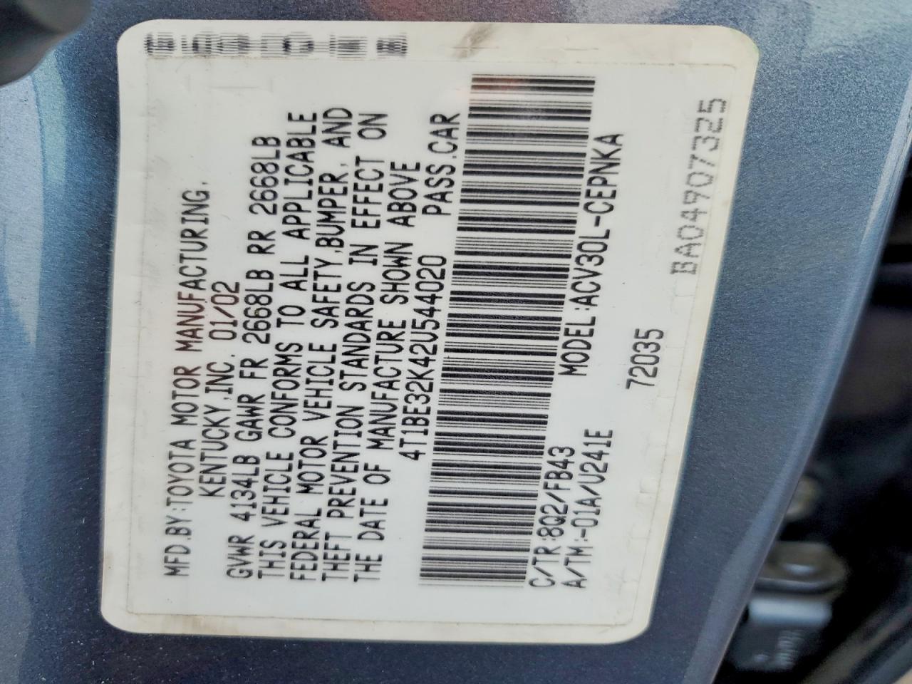 2002 Toyota Camry Le Blue vin: 4T1BE32K42U544020