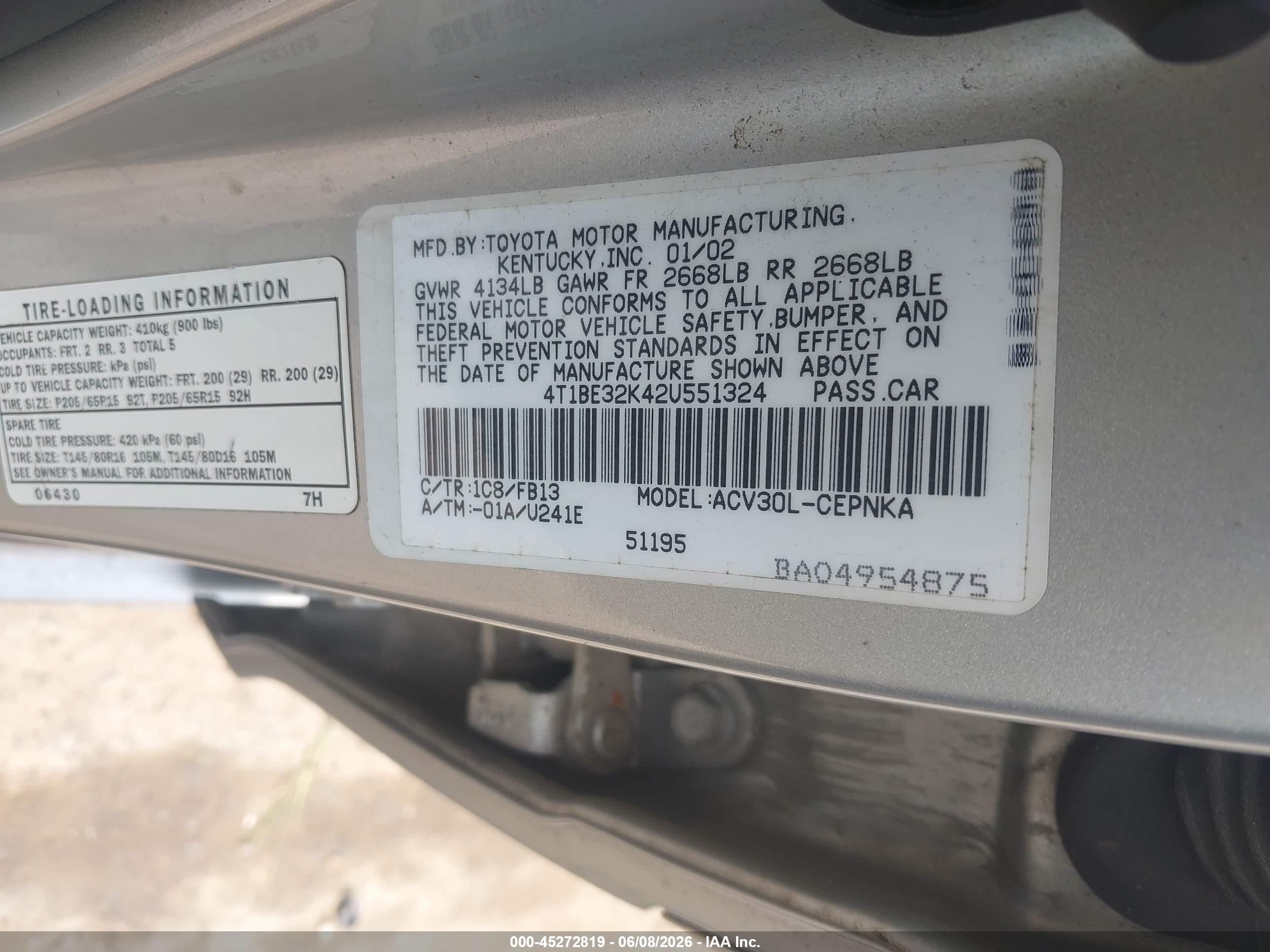 2002 Toyota Camry Le Silver vin: 4T1BE32K42U551324