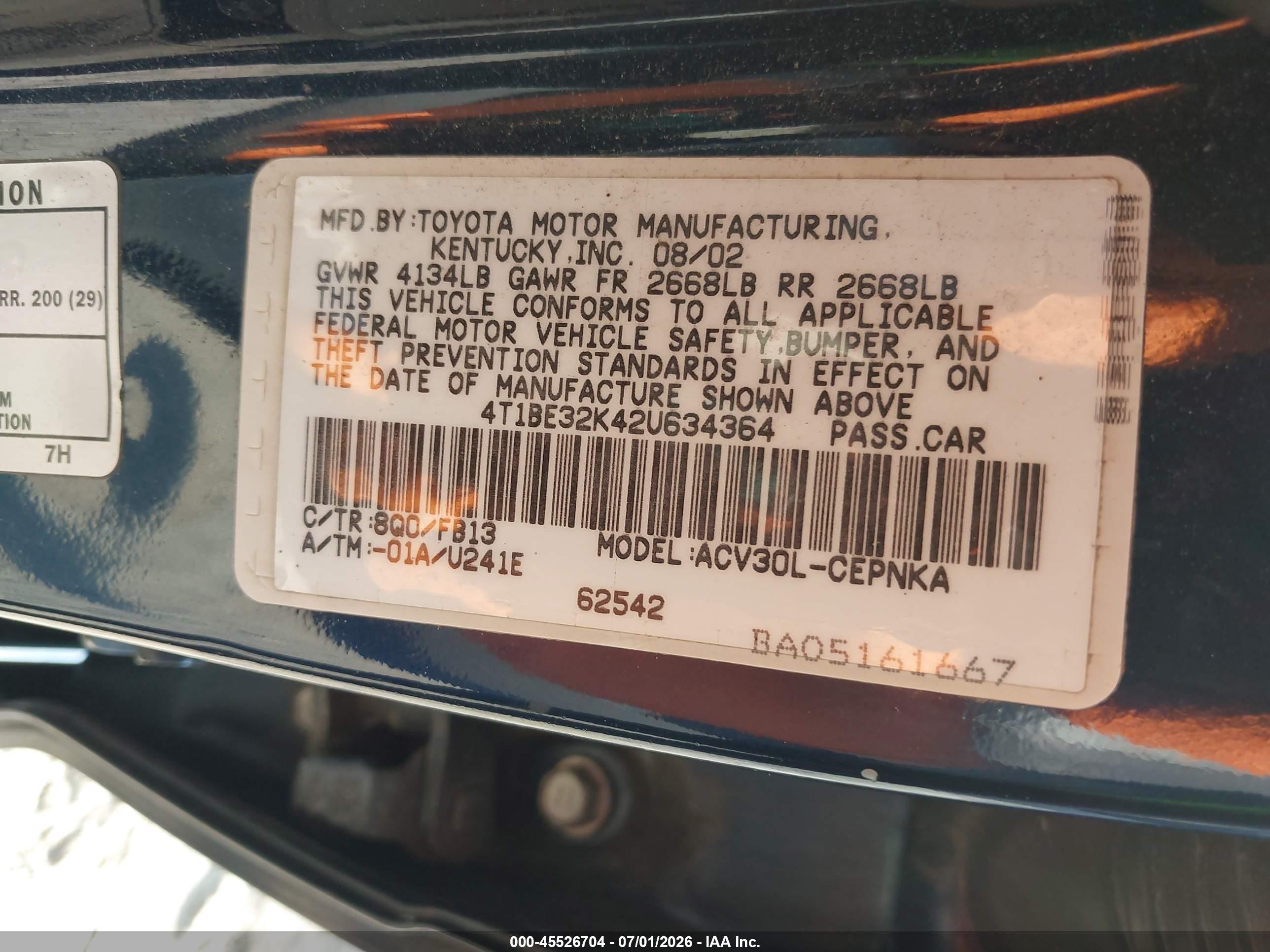 2002 Toyota Camry Le Dark Blue vin: 4T1BE32K42U634364