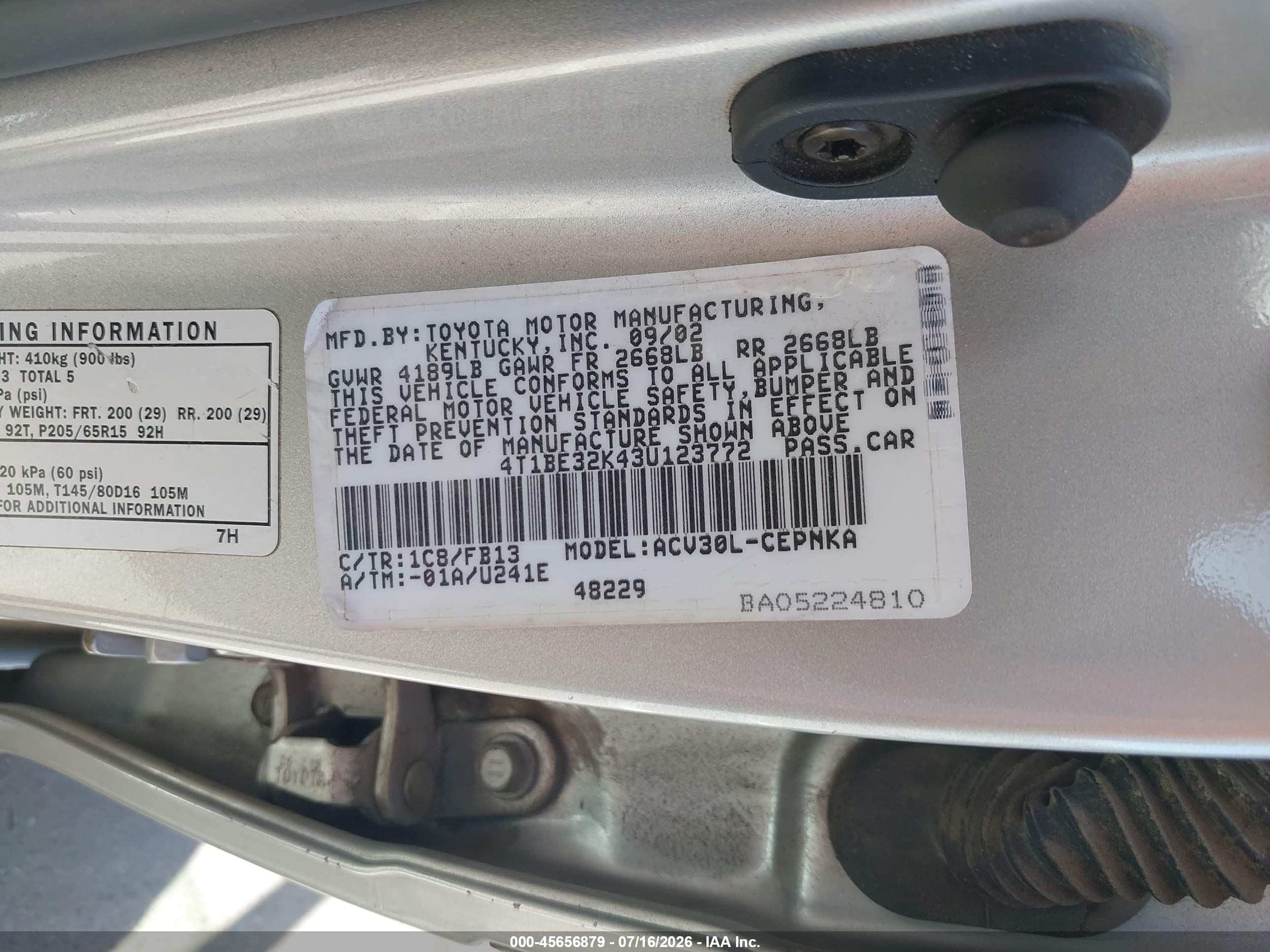 2003 Toyota Camry Le Silver vin: 4T1BE32K43U123772
