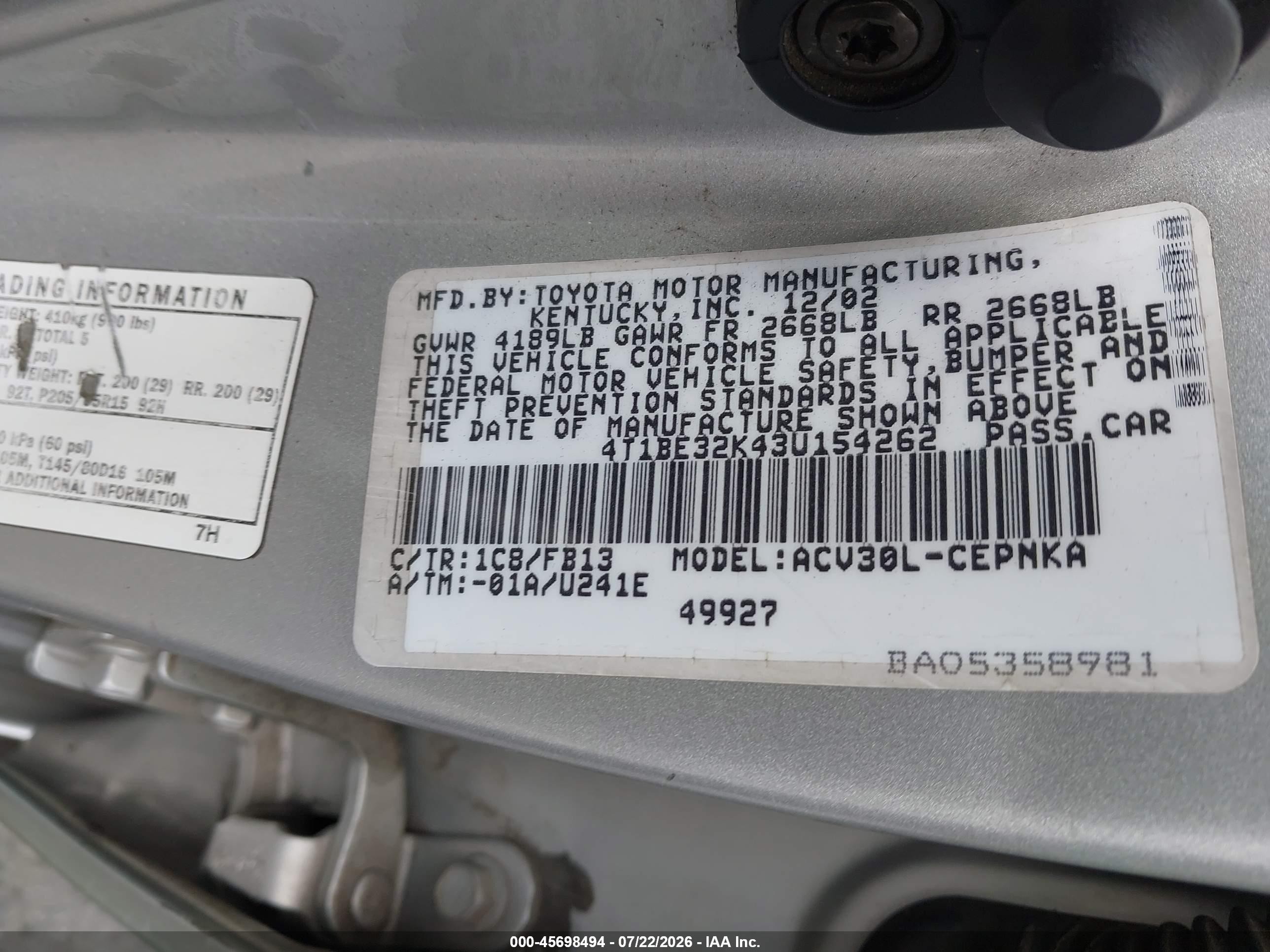 2003 Toyota Camry Le Silver vin: 4T1BE32K43U154262