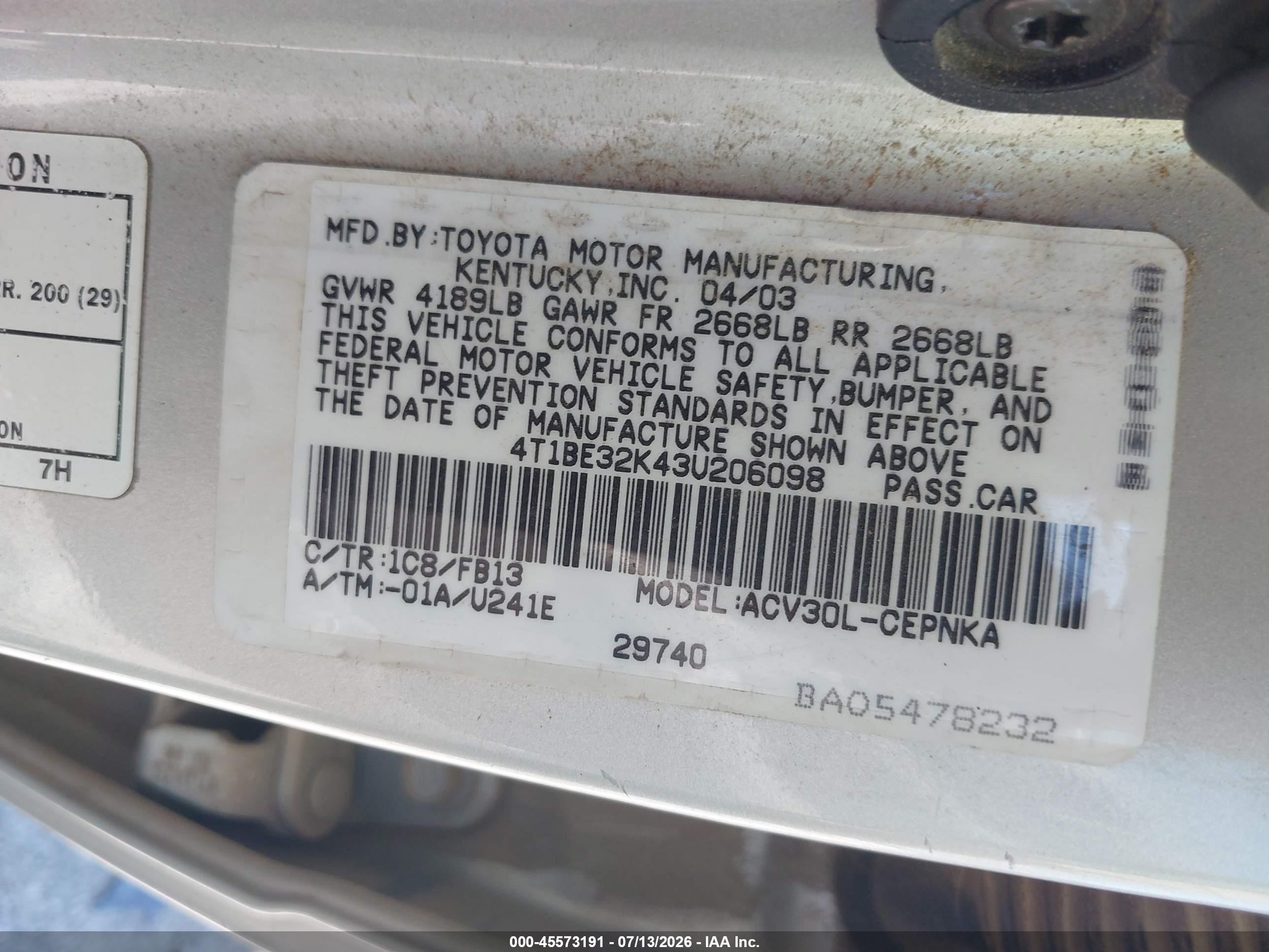 2003 Toyota Camry Le Silver vin: 4T1BE32K43U206098