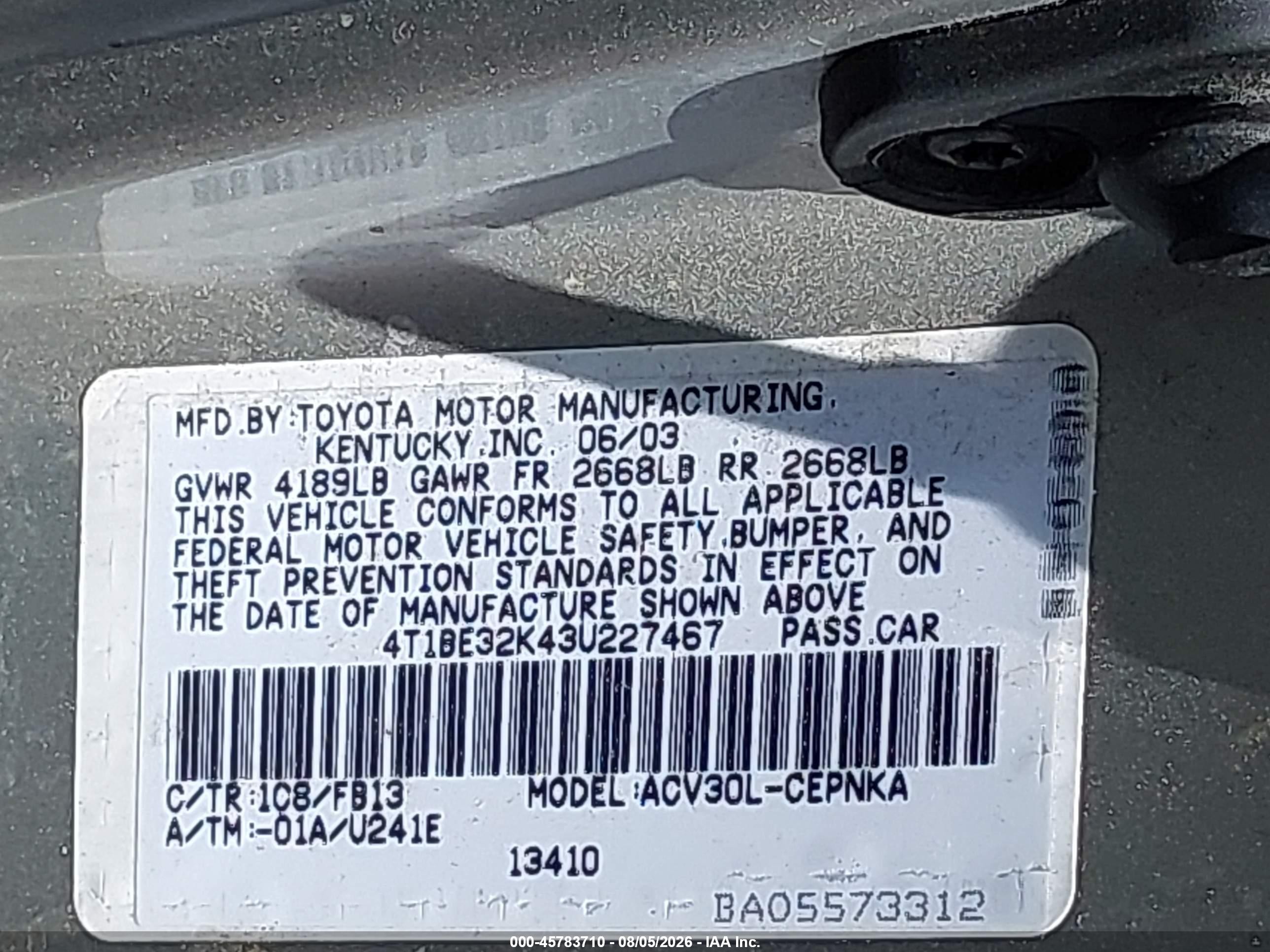 2003 Toyota Camry Le Silver vin: 4T1BE32K43U227467