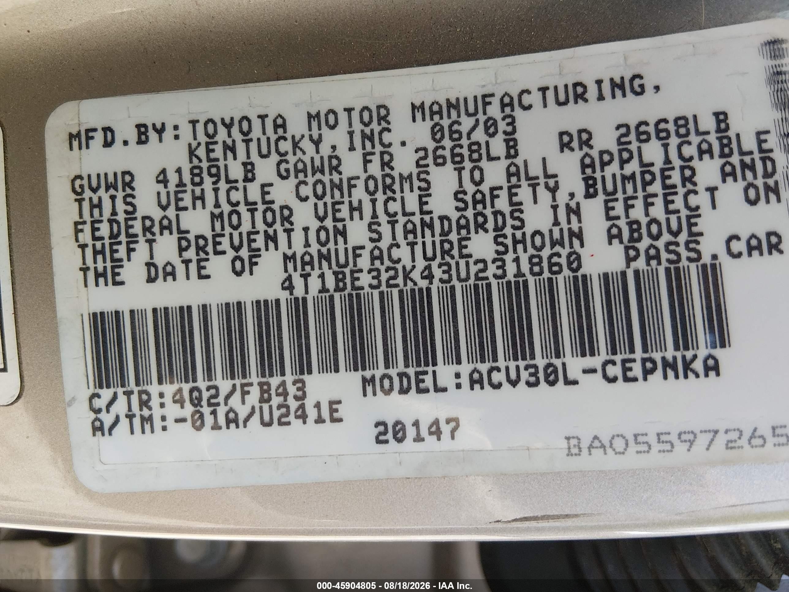 2003 Toyota Camry Le/xle/se Champagne vin: 4T1BE32K43U231860
