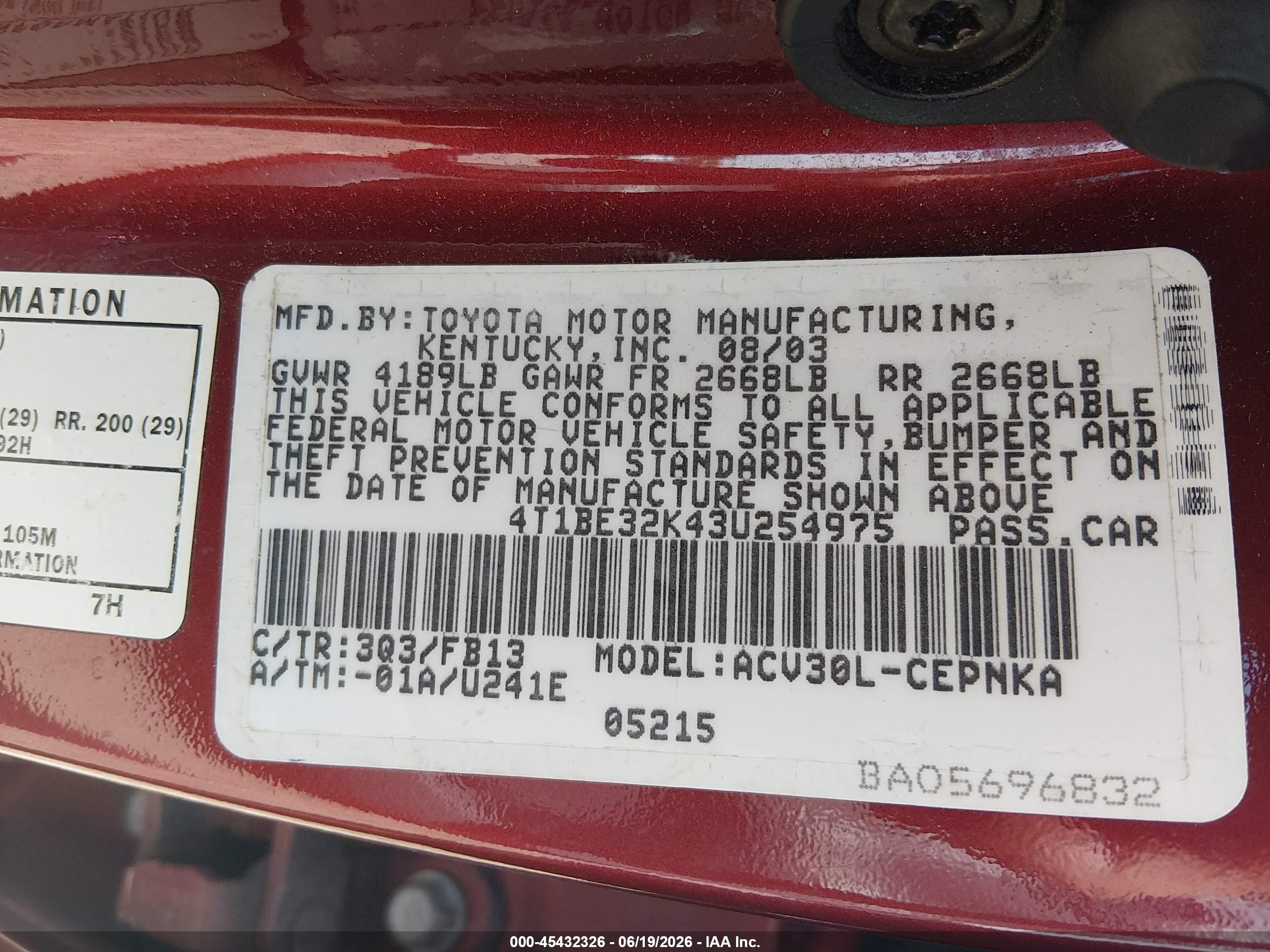 2003 Toyota Camry Le Red vin: 4T1BE32K43U254975