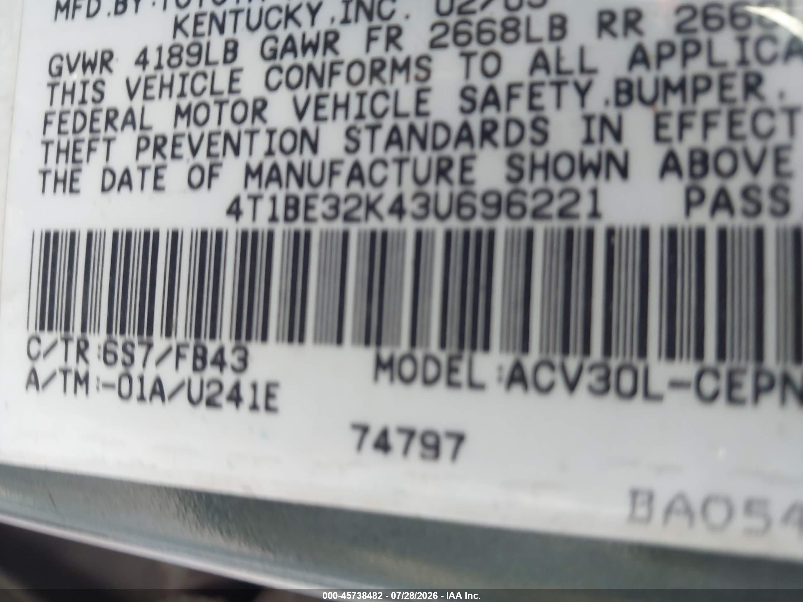 2003 Toyota Camry Le Green vin: 4T1BE32K43U696221