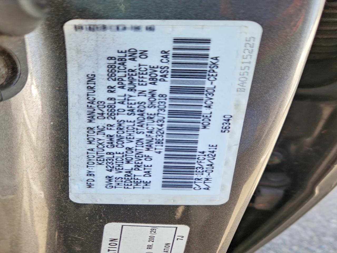 2003 Toyota Camry Se Gray vin: 4T1BE32K43U730318