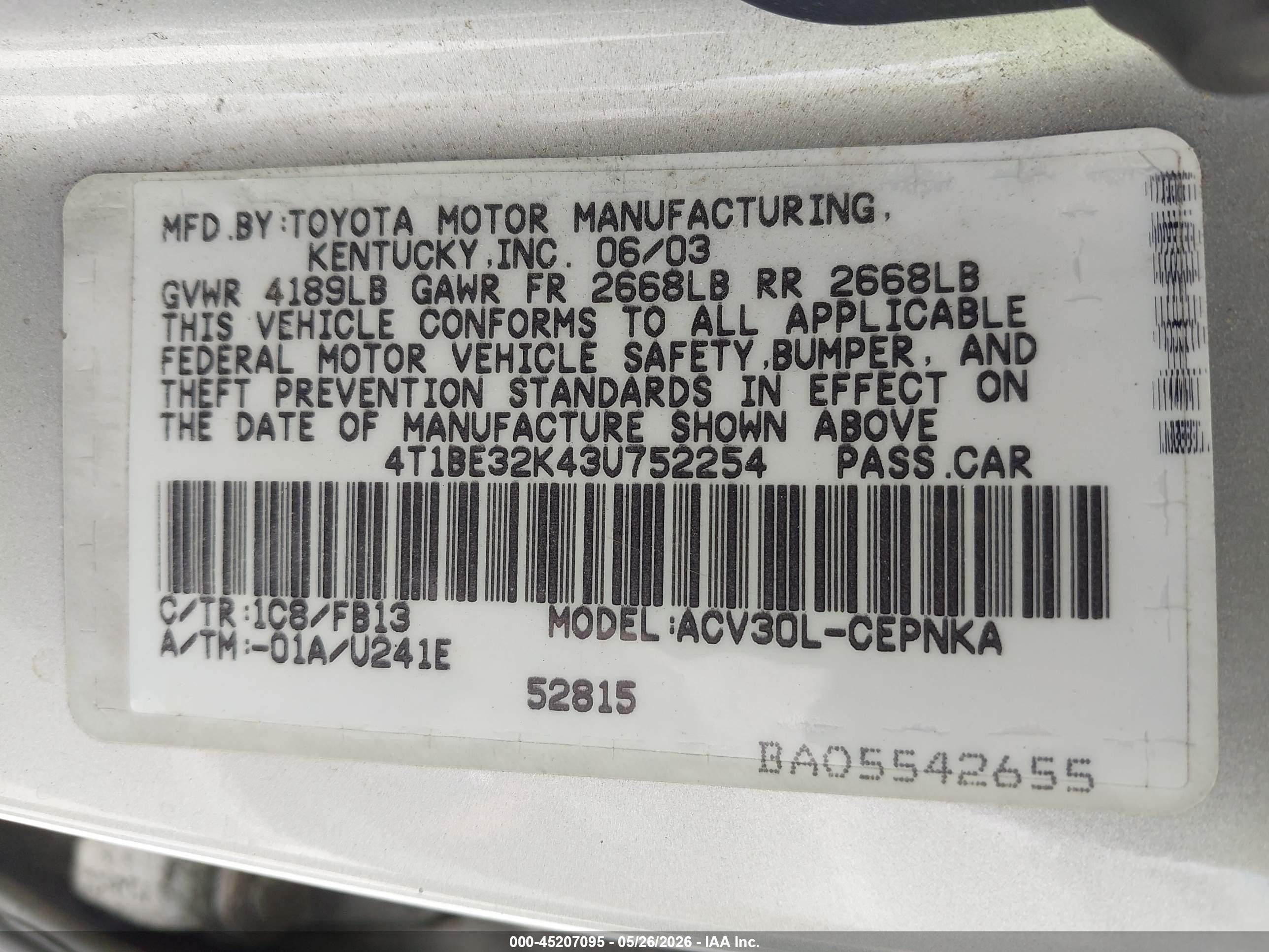 2003 Toyota Camry Le Серебряный vin: 4T1BE32K43U752254