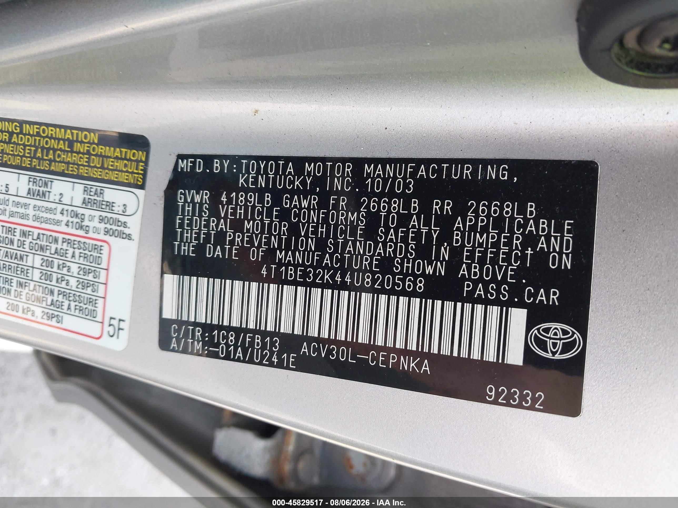 2004 Toyota Camry Le Silver vin: 4T1BE32K44U820568