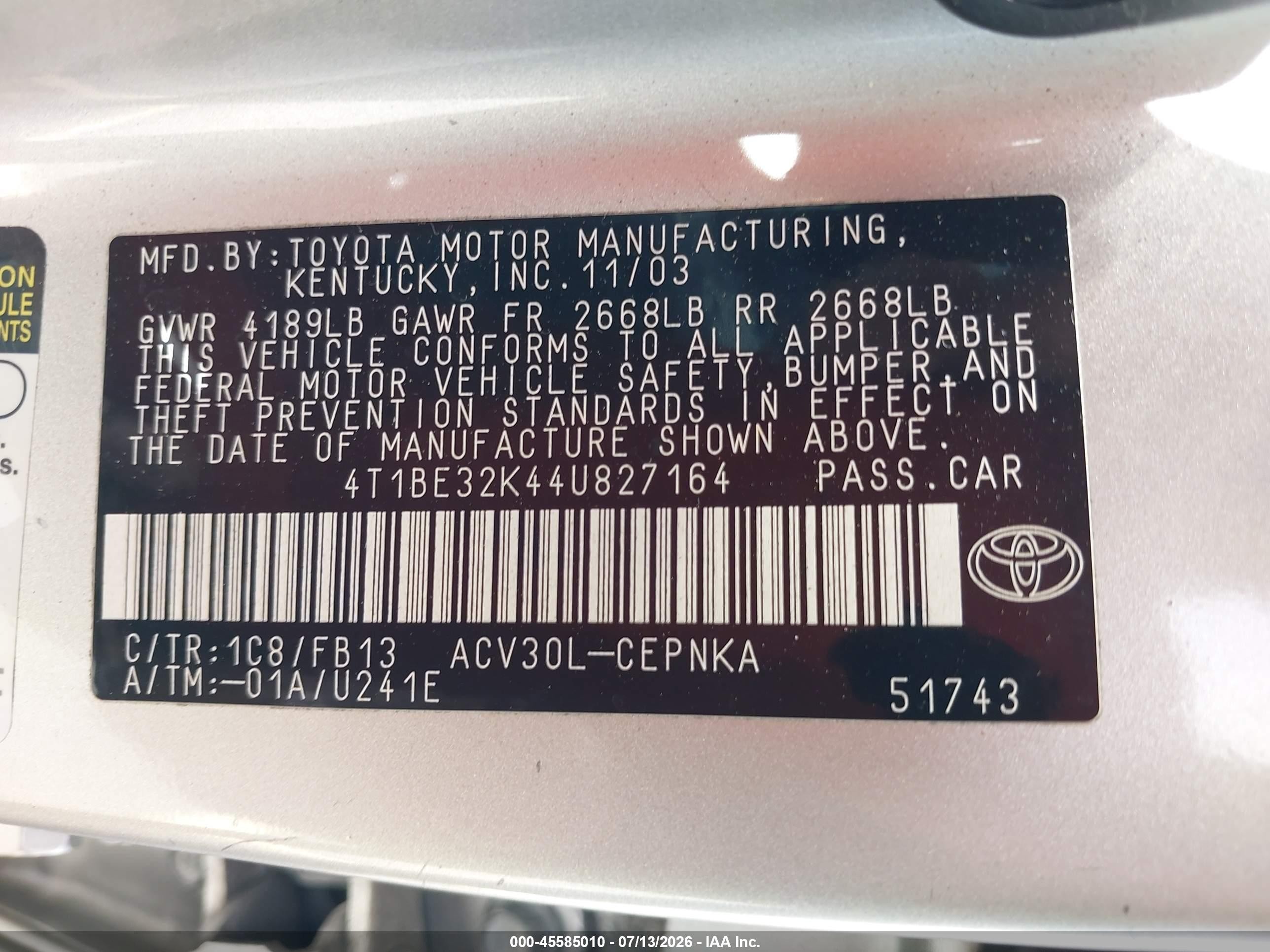 2004 Toyota Camry Le Серебряный vin: 4T1BE32K44U827164