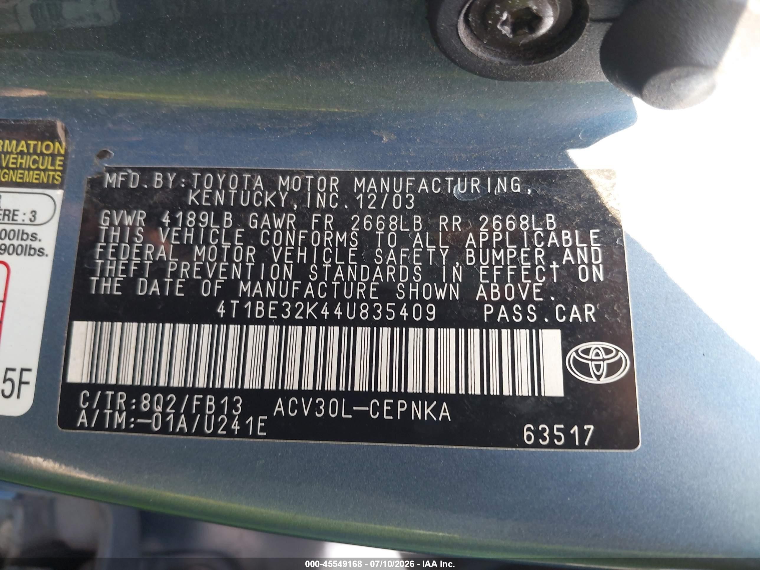 2004 Toyota Camry Le Blue vin: 4T1BE32K44U835409