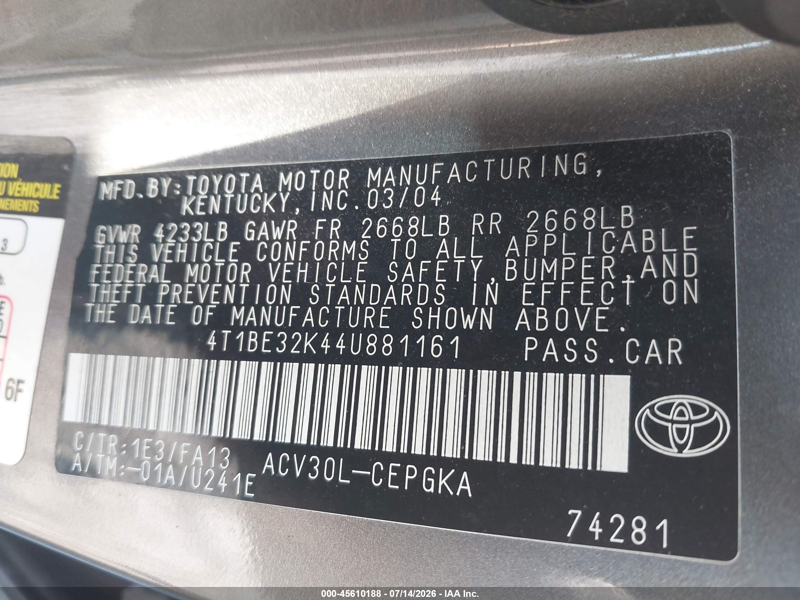 2004 Toyota Camry Xle Серый vin: 4T1BE32K44U881161