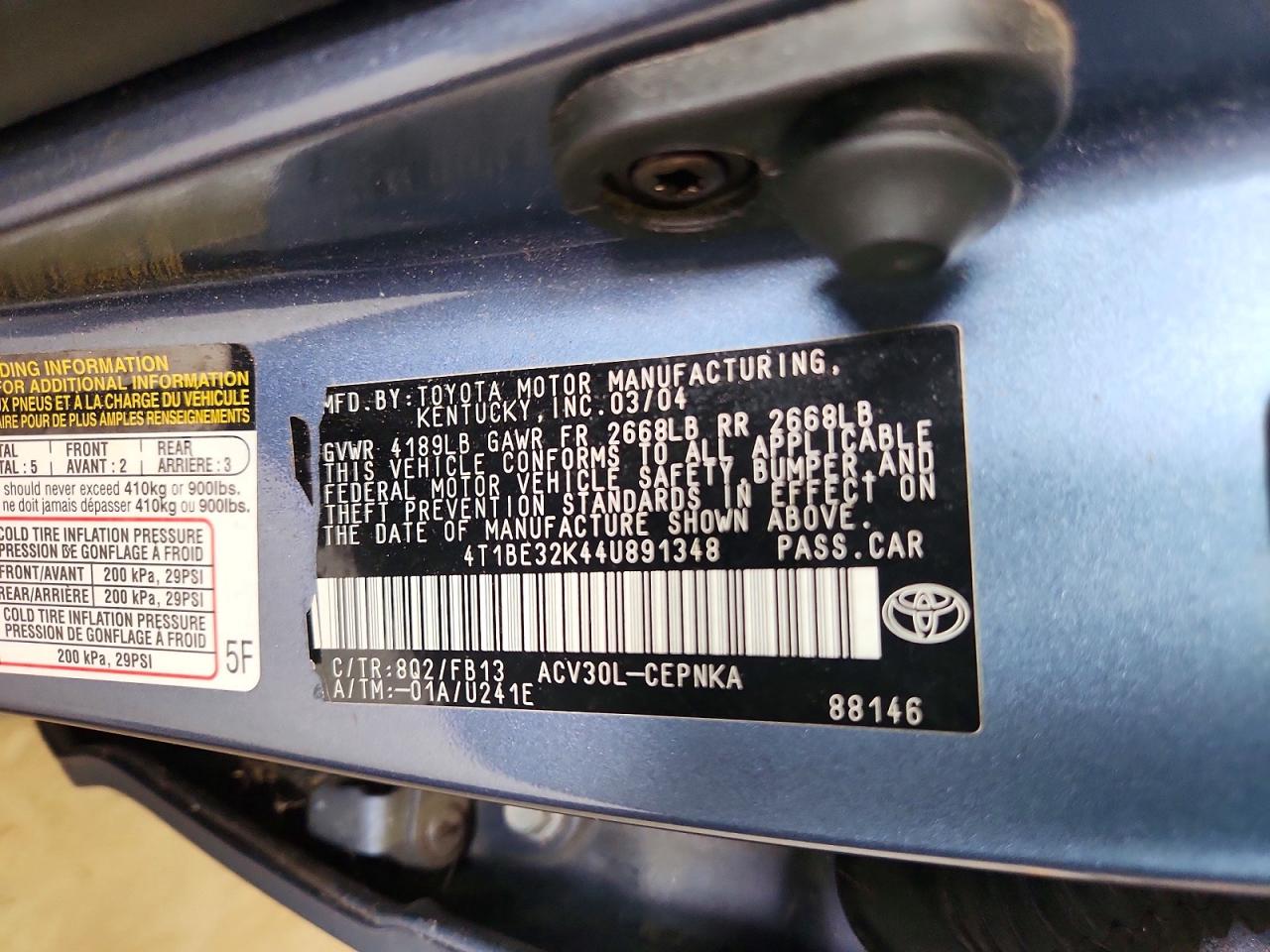 2004 Toyota Camry Blue vin: 4T1BE32K44U891348
