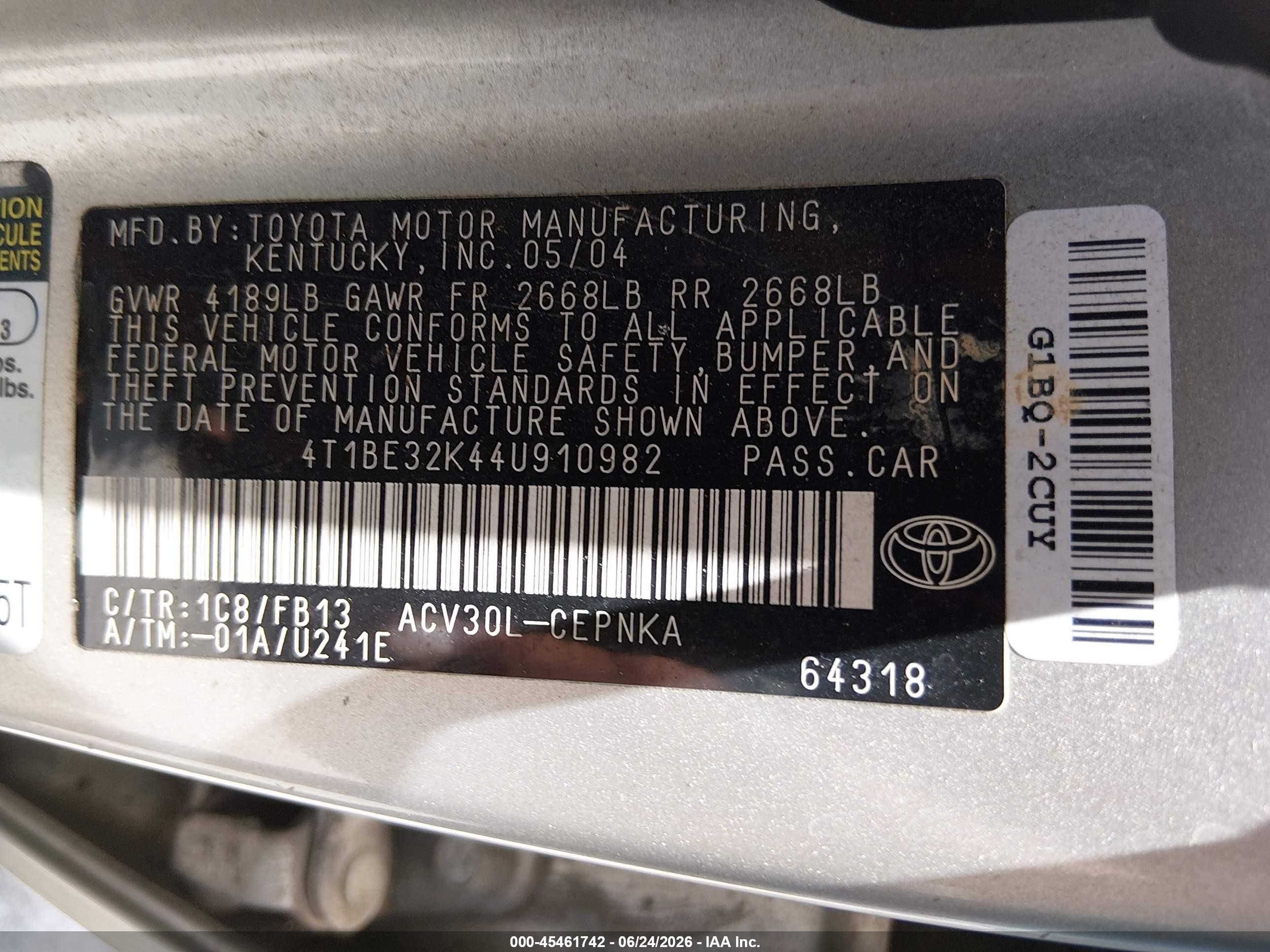 2004 Toyota Camry Std Gold vin: 4T1BE32K44U910982