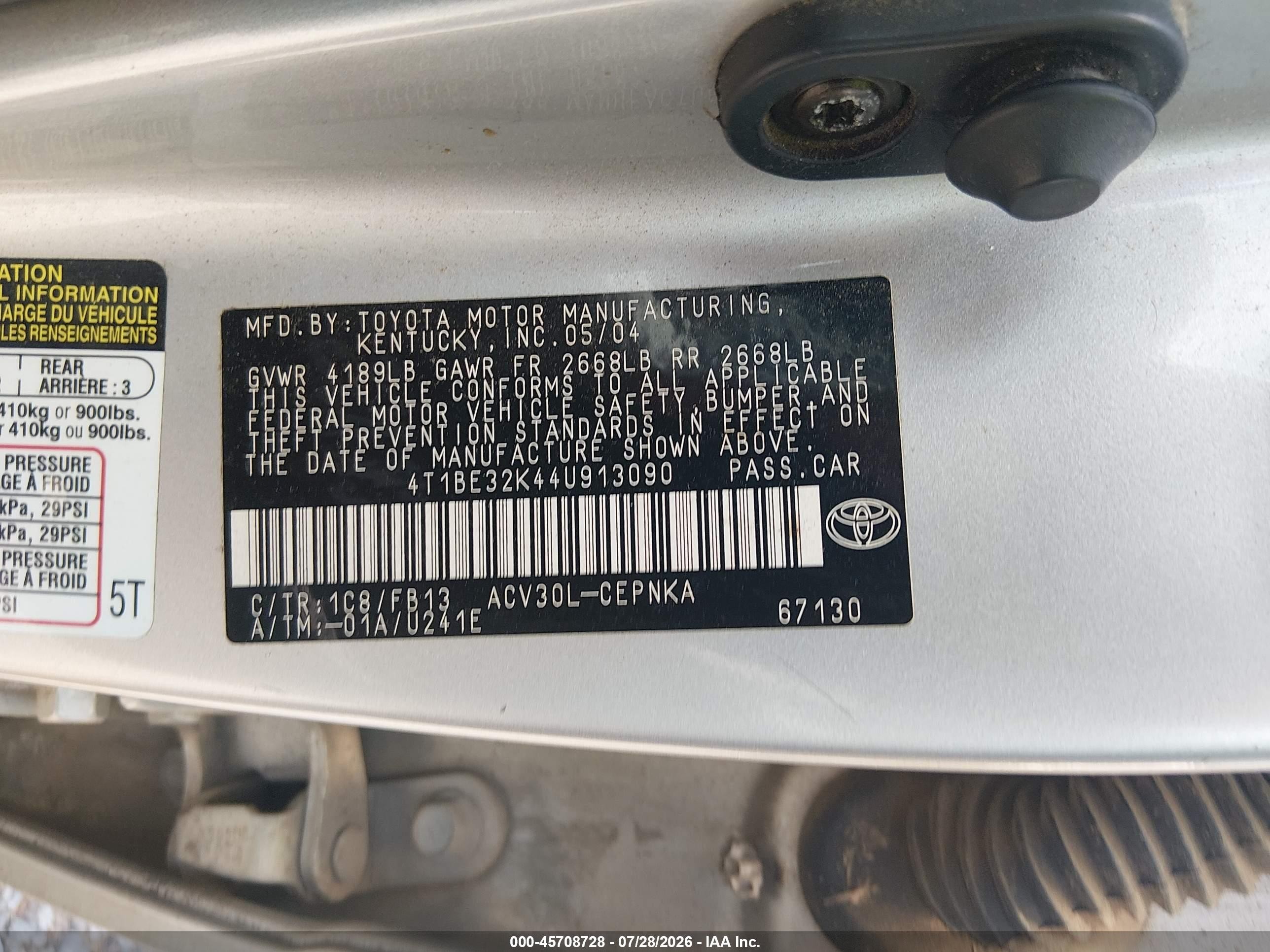 2004 Toyota Camry Std Silver vin: 4T1BE32K44U913090