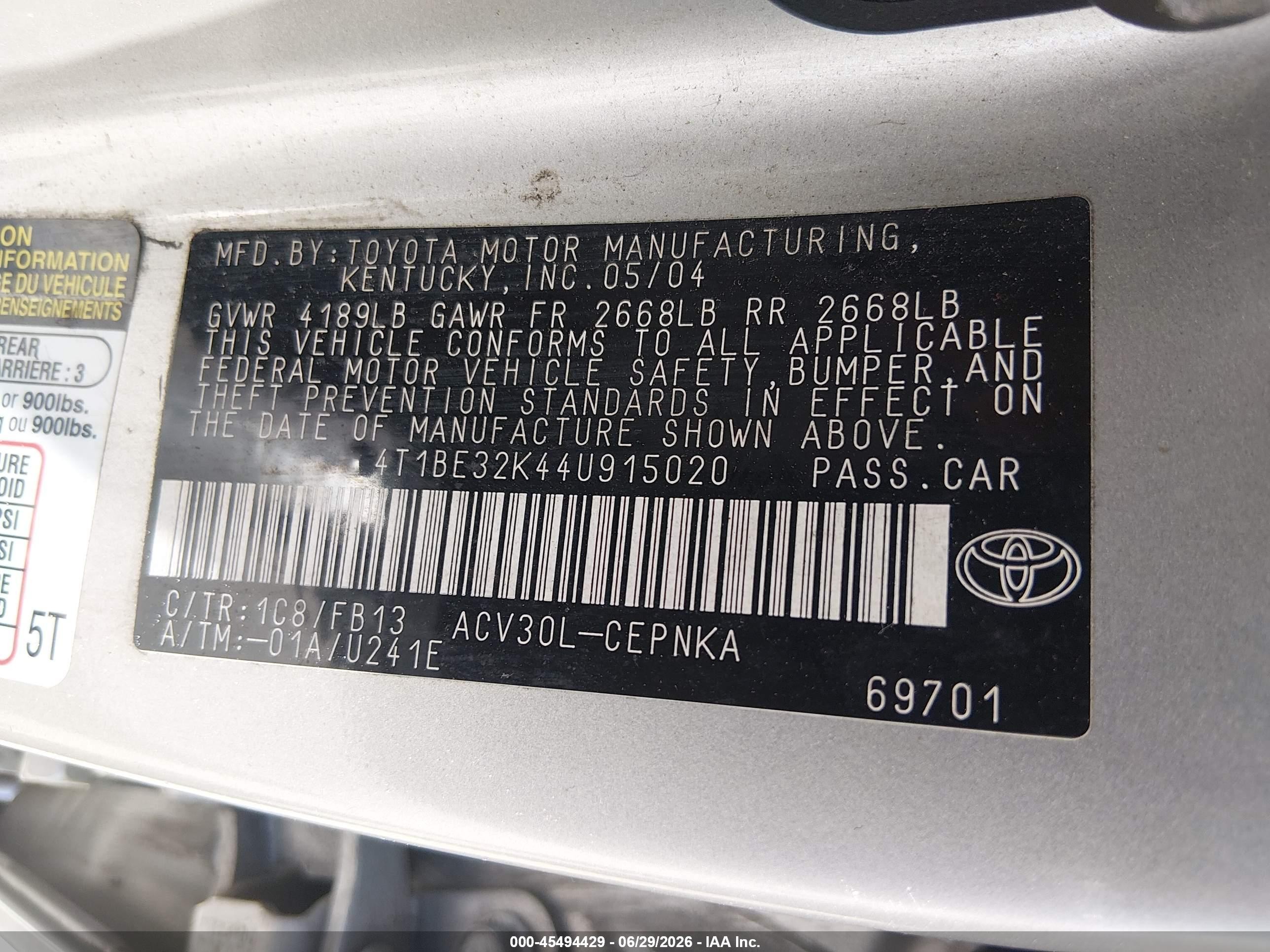 2004 Toyota Camry Std Silver vin: 4T1BE32K44U915020