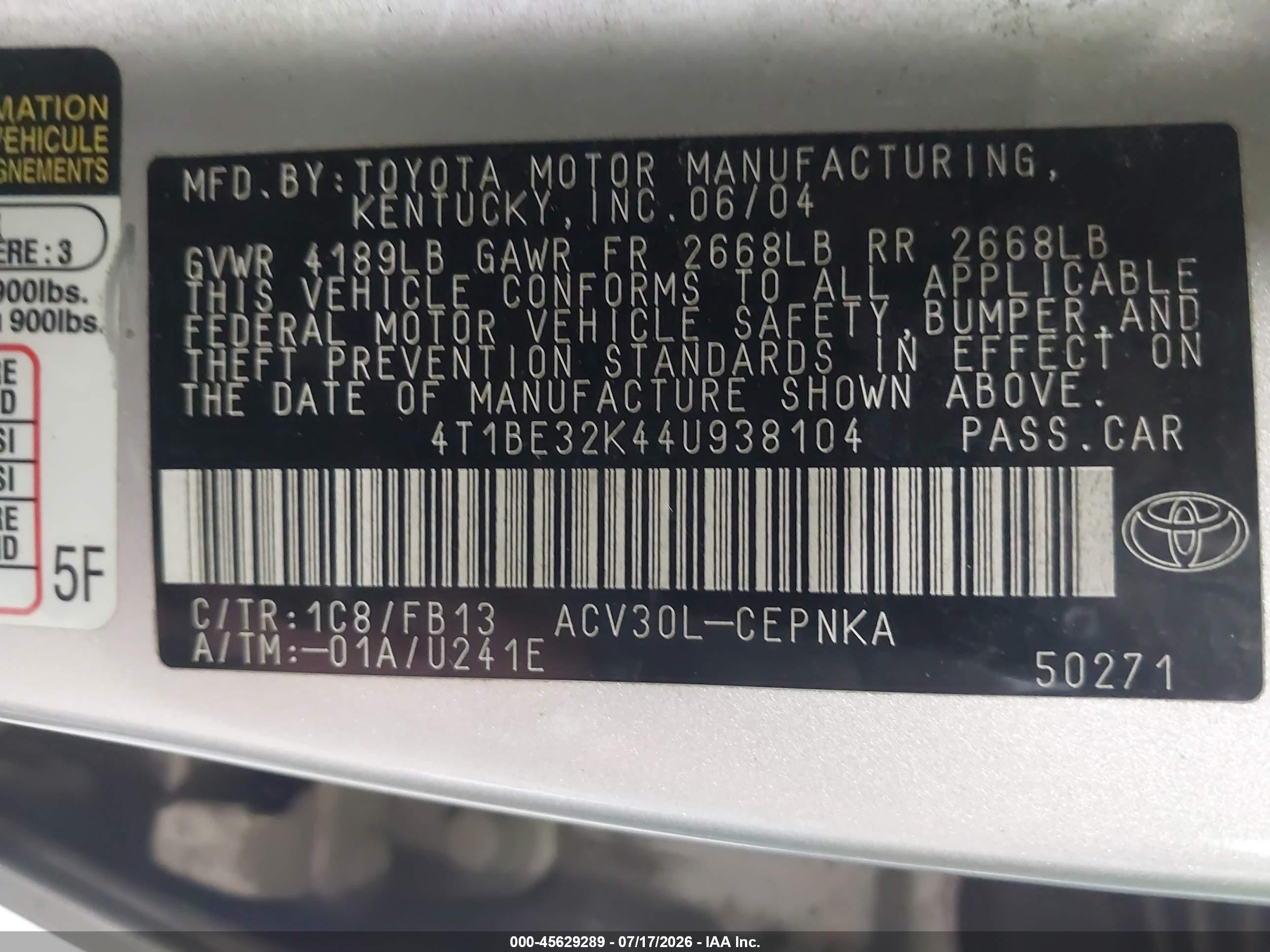 2004 Toyota Camry Le Gray vin: 4T1BE32K44U938104