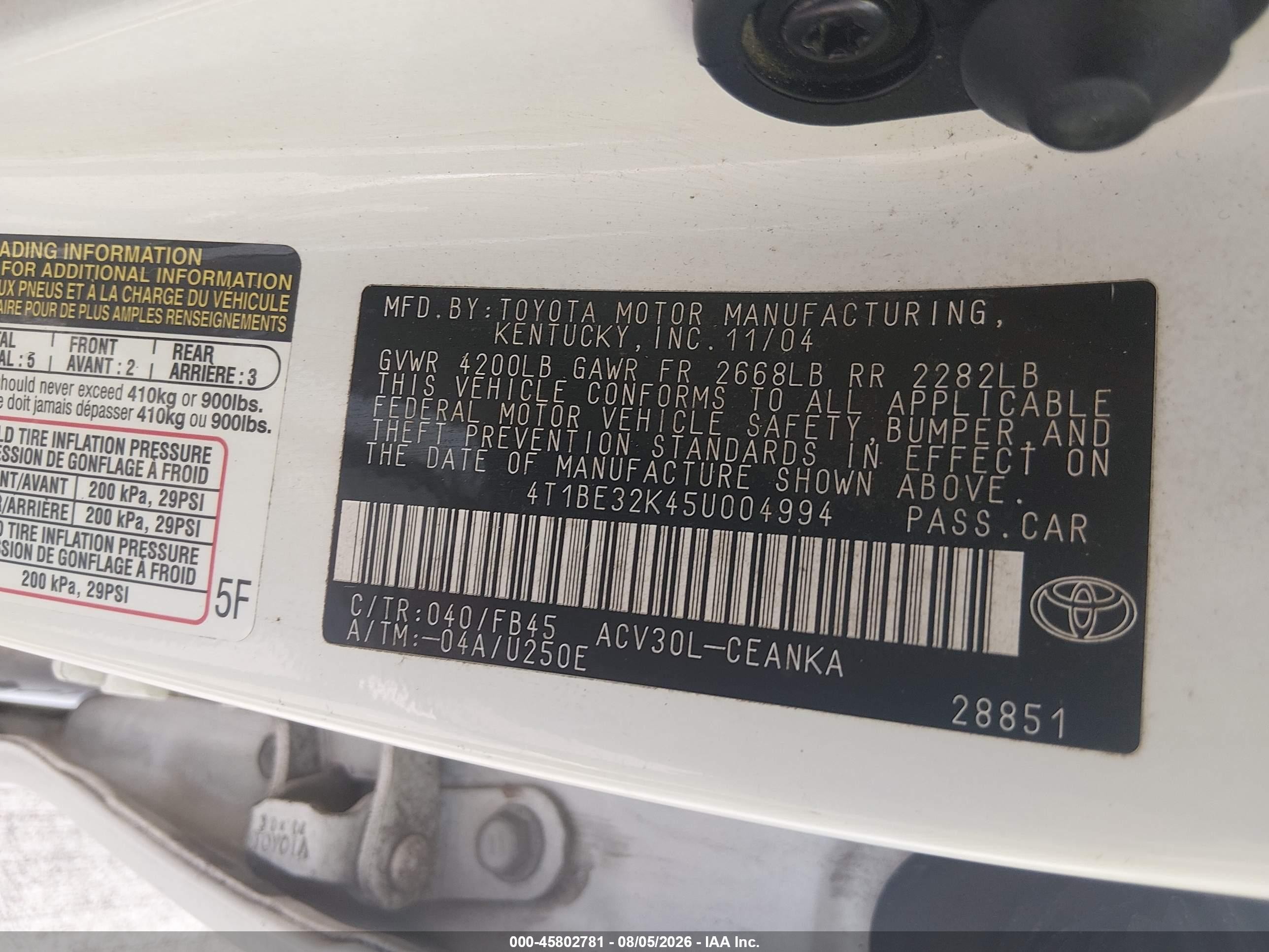 2005 Toyota Camry Le White vin: 4T1BE32K45U004994
