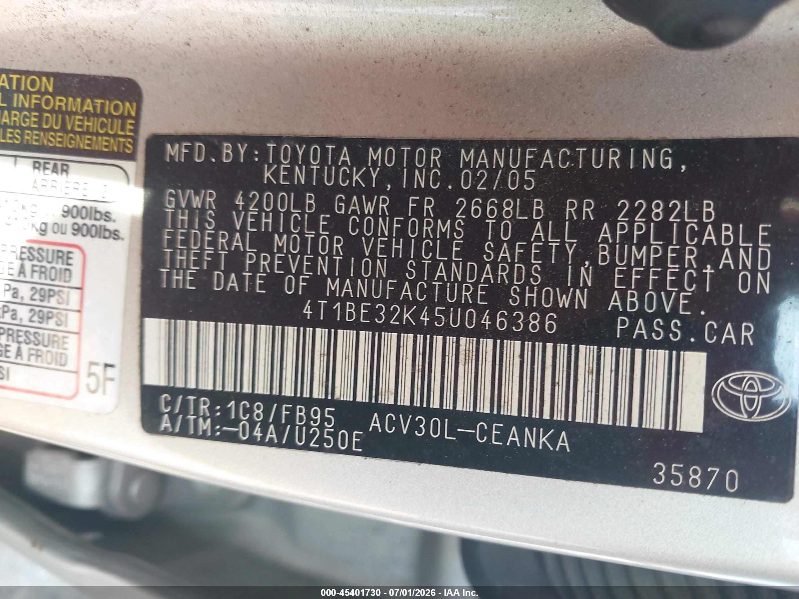 2005 Toyota Camry Le Silver vin: 4T1BE32K45U046386
