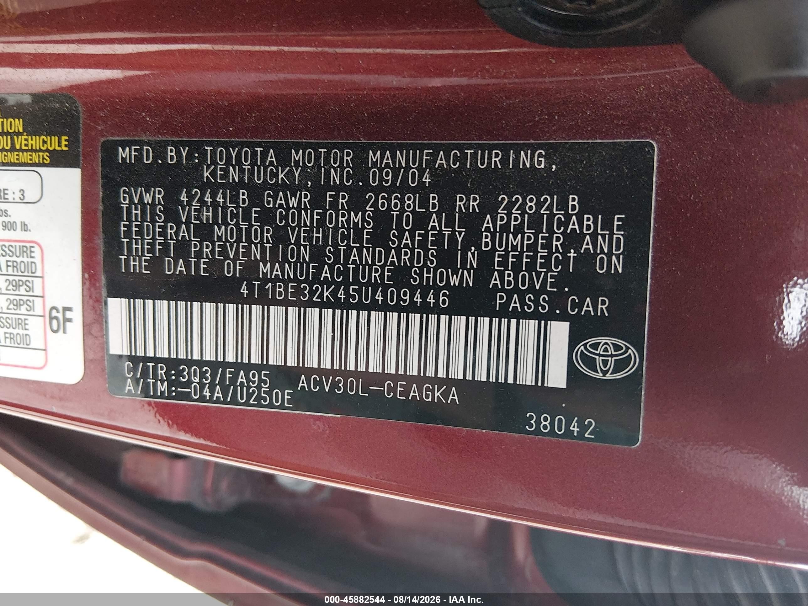 2005 Toyota Camry Xle Red vin: 4T1BE32K45U409446
