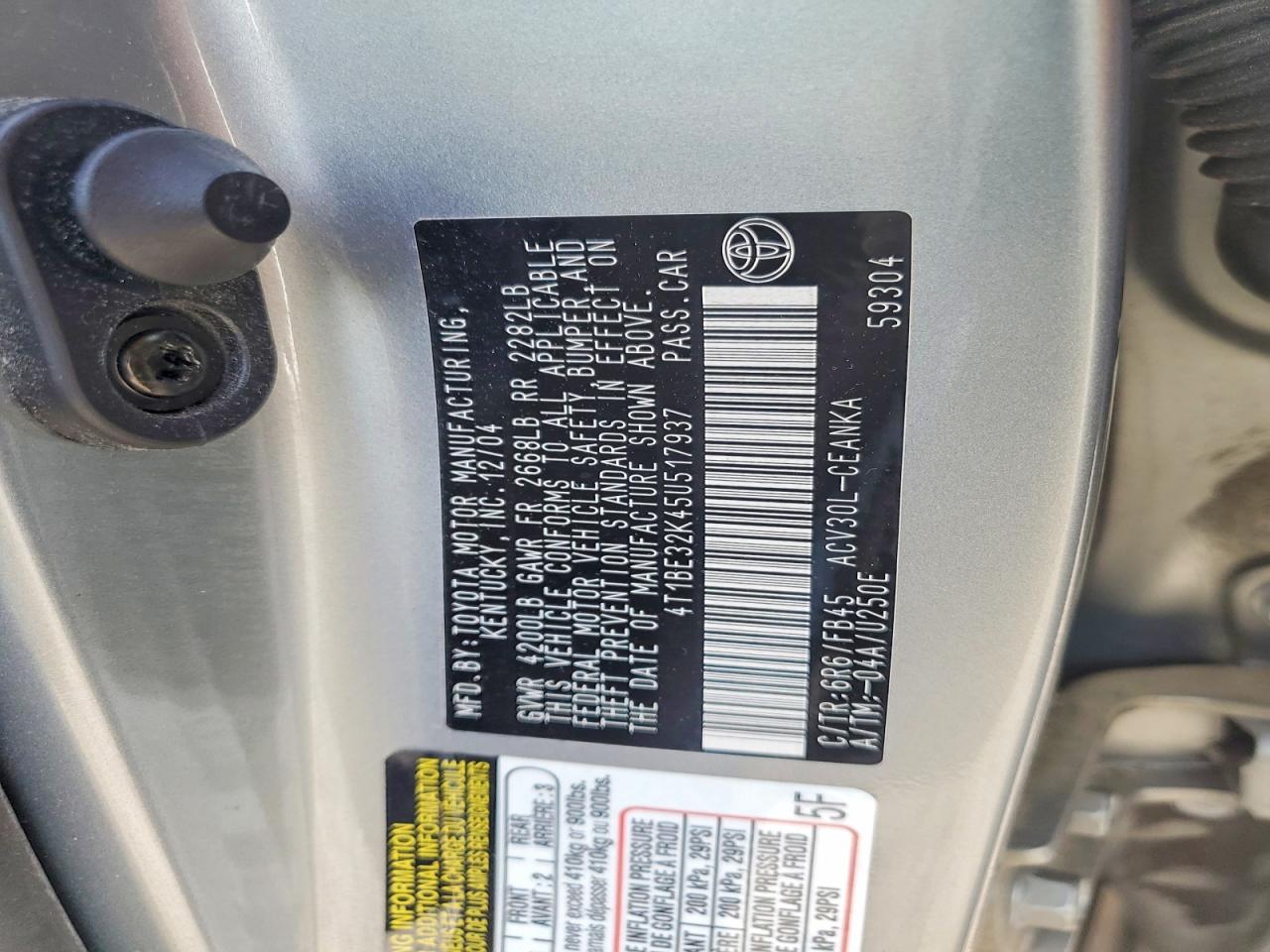 2005 Toyota Camry Le Gray vin: 4T1BE32K45U517937