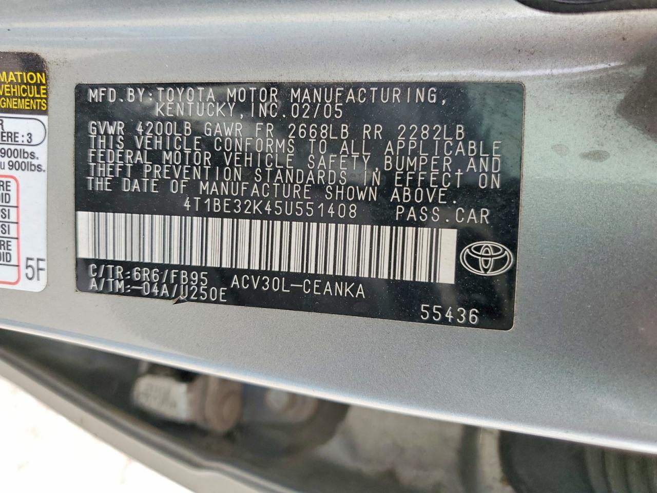 2005 Toyota Camry Le Silver vin: 4T1BE32K45U551408